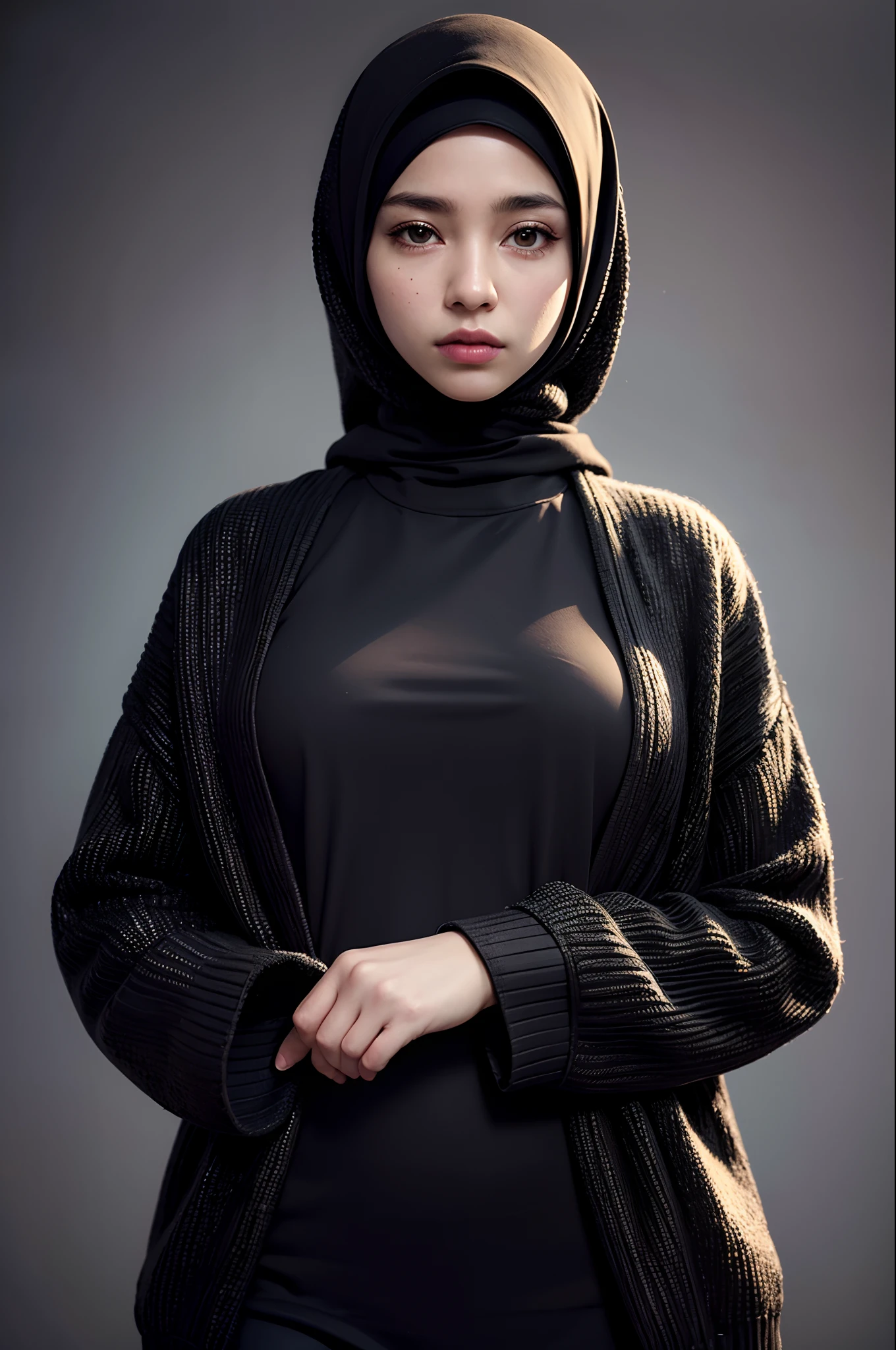 (Neon Cyberpunk Hijab: 1.5), [Style: Neon Cyberpunk: 1.3], (RAW Photos: 1.2), (Perfect Eyes: 1.5)),  (Photorealistic: 1.4), (Masterpieces: 1.3), (Best Quality: 1.4), Dreamy, (Detailed Eyes), (Detailed Facial Features), ( (8k:1.27), best quality, masterpiece, Hijab hair, ultra highres:1.2) Photo of Pretty woman (beautiful:1.1) (sci-fi woman:1.1), (Hijab cloak: 1.61) (Hijab leather Coat:1.21) intricate elegant, fantasy, detailed, ometric by greg rutkowski and alphonse mucha, gradient lighting