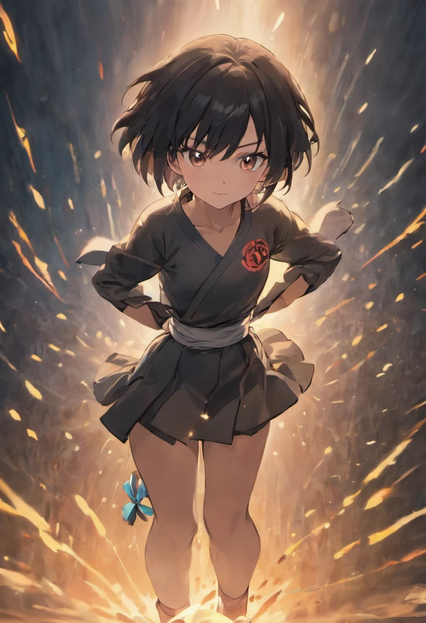 masterpiece, best quality, 1girl, short hair, black hair, black eyes, training, standing, smiling, angry face, aura power, night, natural light, standing, angry eyes, smiling, black hair, female focus, strong muscles, movie composition, depth of field, bokeh, (full body), saiyan, dragon ball, monk gi, gi, martial artist