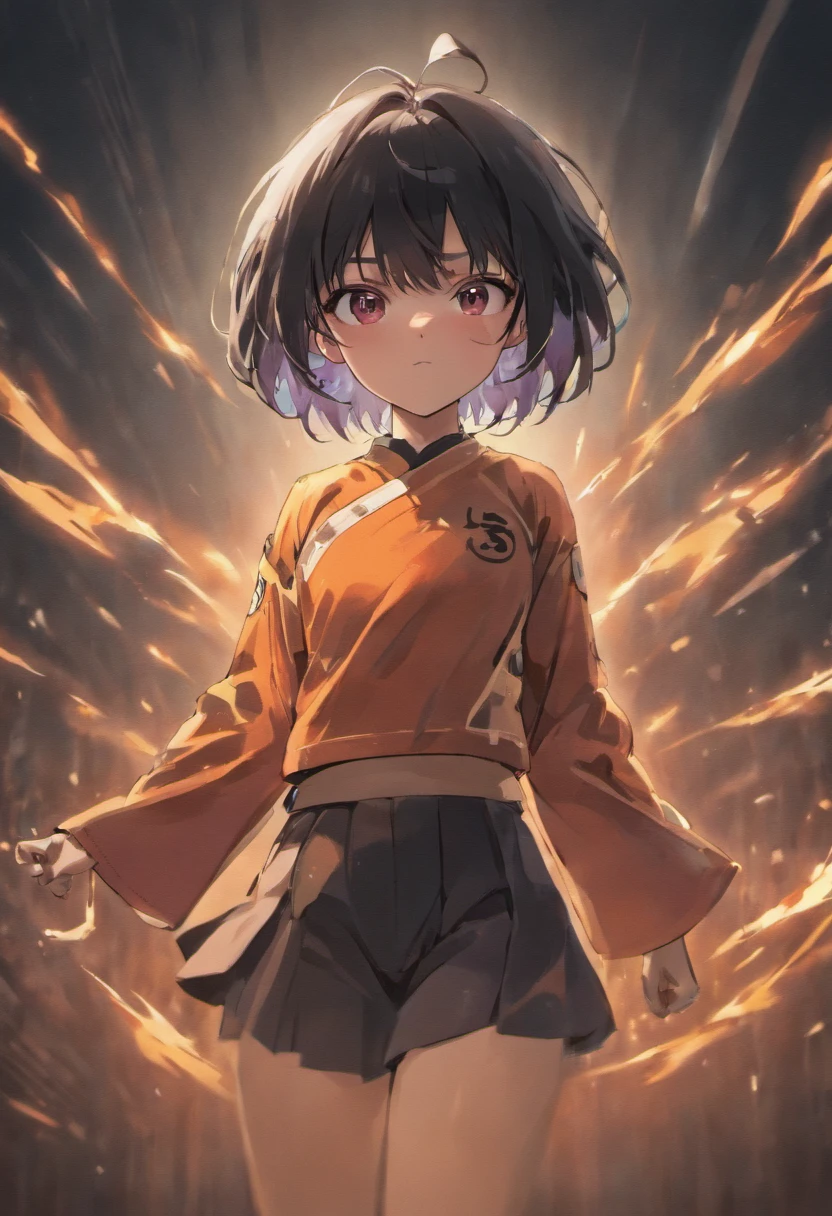 masterpiece, best quality, 1girl, short hair, black hair, black eyes, training, standing, smiling, angry face, aura power, night, natural light, standing, angry eyes, smiling, black hair, female focus, strong muscles, movie composition, depth of field, bokeh, (full body), saiyan, dragon ball, monk gi, gi, martial artist
