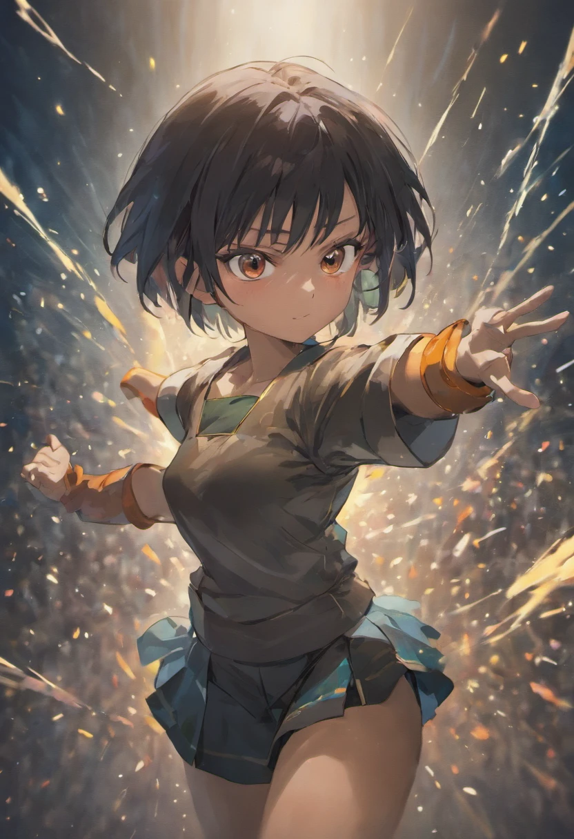 masterpiece, best quality, 1girl, short hair, black hair, black eyes, training, standing, smiling, angry face, aura power, night, natural light, standing, angry eyes, smiling, black hair, female focus, strong muscles, movie composition, depth of field, bokeh, (full body), saiyan, dragon ball, monk gi, gi, martial artist