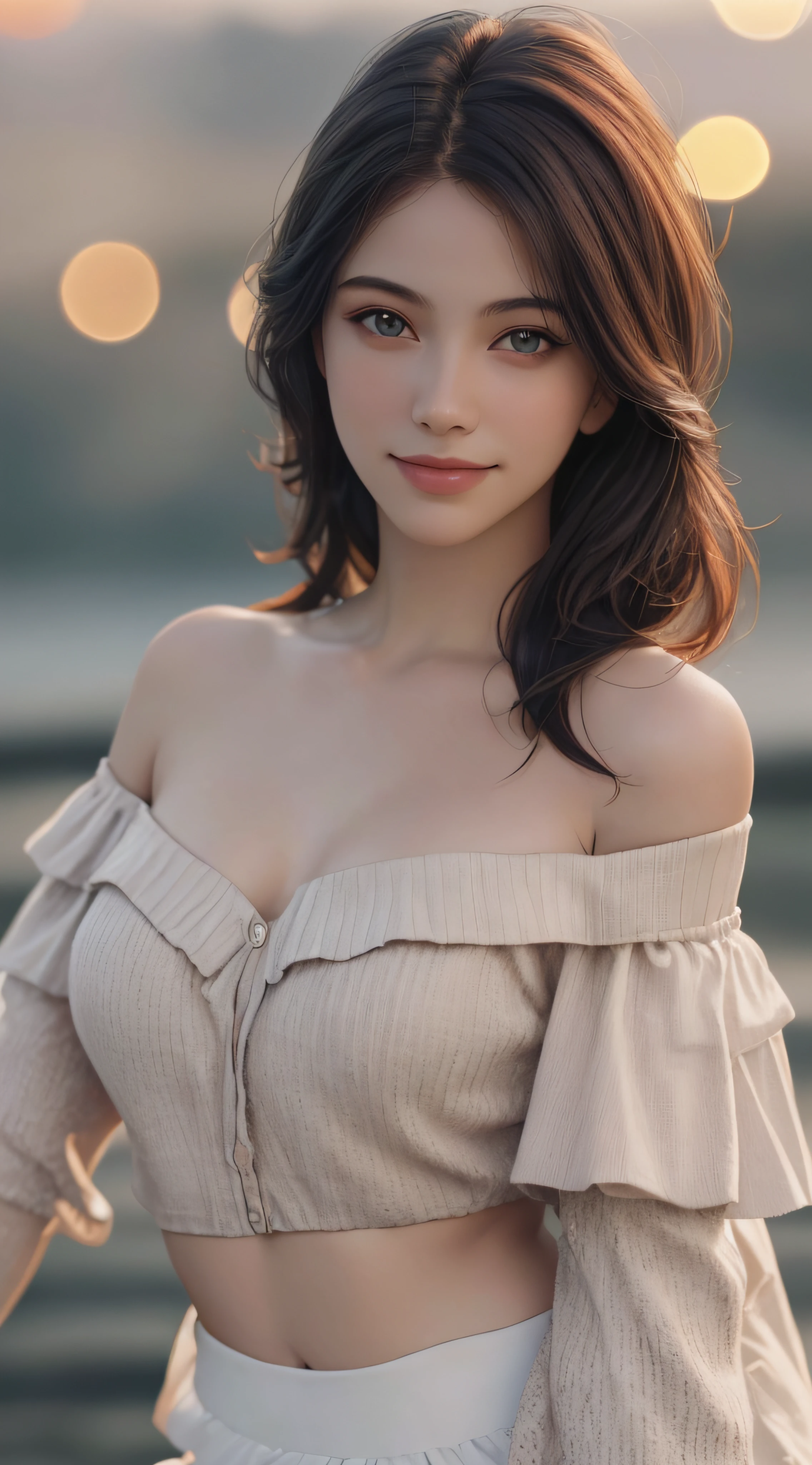 1ung girl, very beautiful, very clean, beautiful face, beautiful eyes, smiling, ((Off-shoulder with very loose chest:1.2)), beautiful large breasts, Bare Shoulders, no bra, miniskirt, upper body, (best quality:1.4), 8k resolution, ultra high res, (photorealistic, high resolution:1.4), Raw photo, (realistic, photo-realistic:1.37), professional photography, cinematic light, (fine face: 1.2), (((Bokeh))), depth of fields,