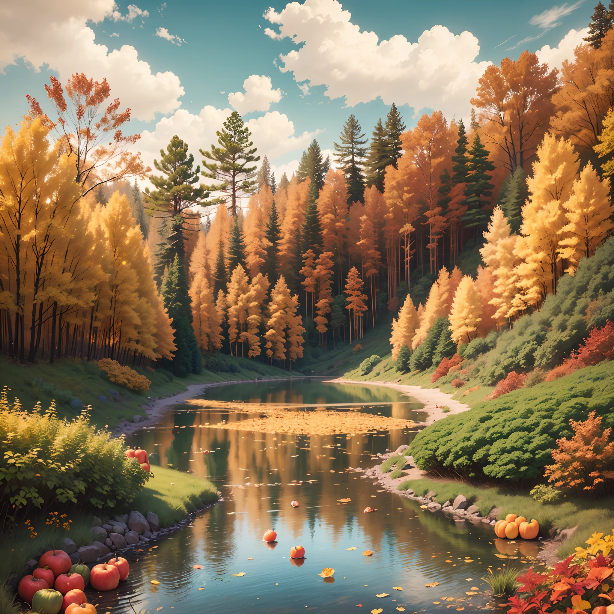 a rich autumn landscape with fruits and vegetables falling from the trees, a paradisiacal place in the photo --auto --s2