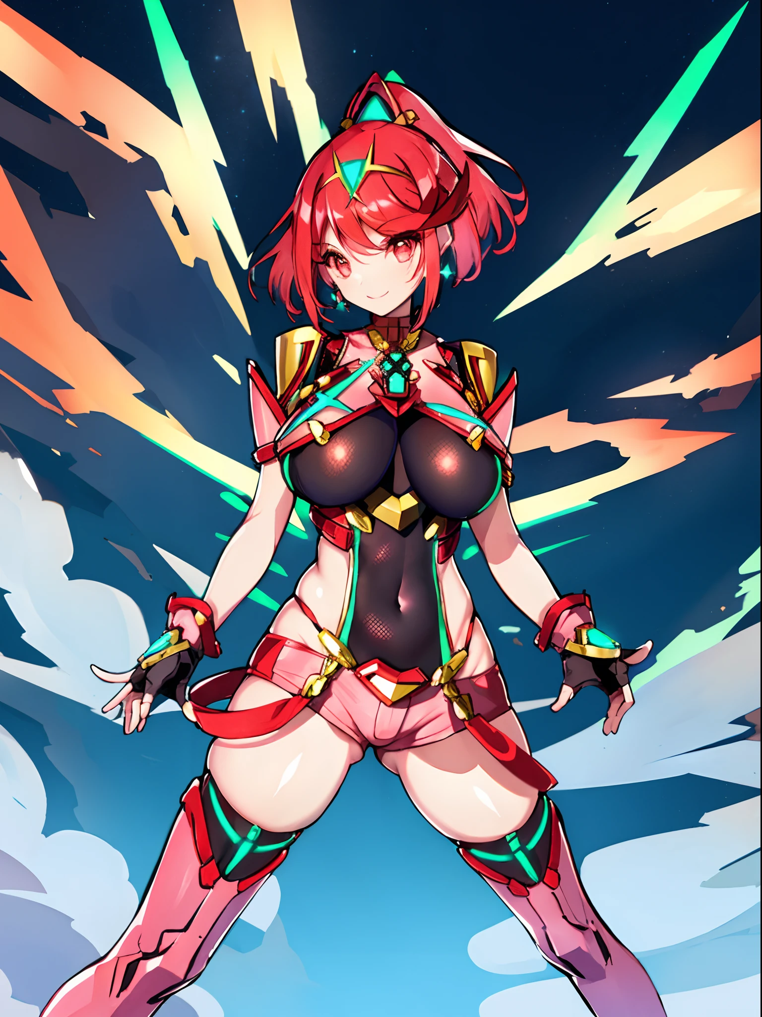 pyra \(xenoblade\), _1girl, lolings, black gloves, breasts, red eyes, shout, earrings, eyelashes, fingerless gloves, floating hair, , gem, gloves, hair ornament, headpiece, jewelry, gigantic_breasts, leaning back, swimsuit, neon trim, official art, pose, red hair, saitou masatsugu, short hair, sidelocks, skin tight, solo, swept bangs, thighhighs, tiara, fantasy_town_background, underbust, xenoblade chronicles \(series\), (xenoblade chronicles 2), (spread_legs:1.1), fire_effect,dynamic_pose,fighting,light_smile, (plump:1.1), big_ass,huge_sword, hold_large_sword_hilt, covered_nipples, covered_pussy, fists,ponytail,beautiful_fingers,(solo:1.1), bare_shoulder,(shoulder_naked:1.2), nipple_jewel,back, back_view, focus_ass,ass, (very_short_shorts:1.3),(lise_leg:1.4)