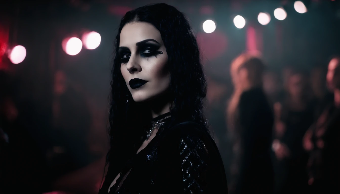 beautiful goth girl with dripping make-up in a goth club, dark clubbing, people dancing in the background, nightclub, goth club, gothic cyberpunk, cyberpunk aesthetic, industrial aesthetic, goth aesthetic, ultra detailed.
