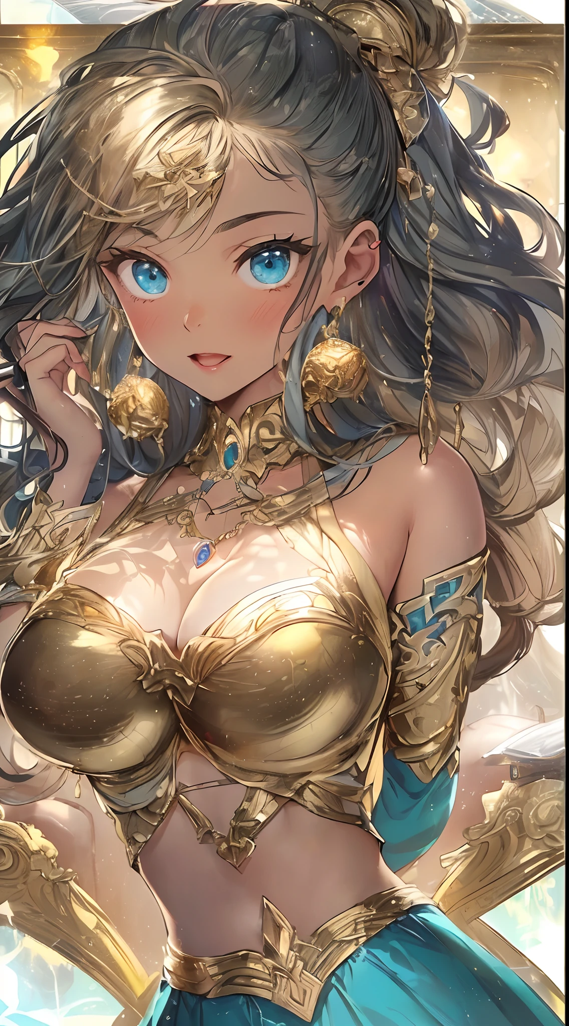 Top Quality、The highest image quality、masterpiece、A girl with((18 years-old、Gold underwear,The best bust、medium bust、Burst 85,beautiful blue eyes、Wide open chest,Sexy gold dress、Gold mini skirt、gold earrings、gold necklace、Gold Ring、Radiant golden ponytail、Sexy Pose、Turn your hips towards us、shy expression、Skirt fluttering)equality、Beautiful art、Background with(Glowing meteors,kosmos、Gold Room (Gold Room)、Gold Table、Gold Chair、monitor、Gold Room (Gold Room)、Golden Bookshelf、Golden Falls、)),masutepiece、Elaborate Design、Visual arts、depth of fields、Best Lighting、highestdetailed、Front angle