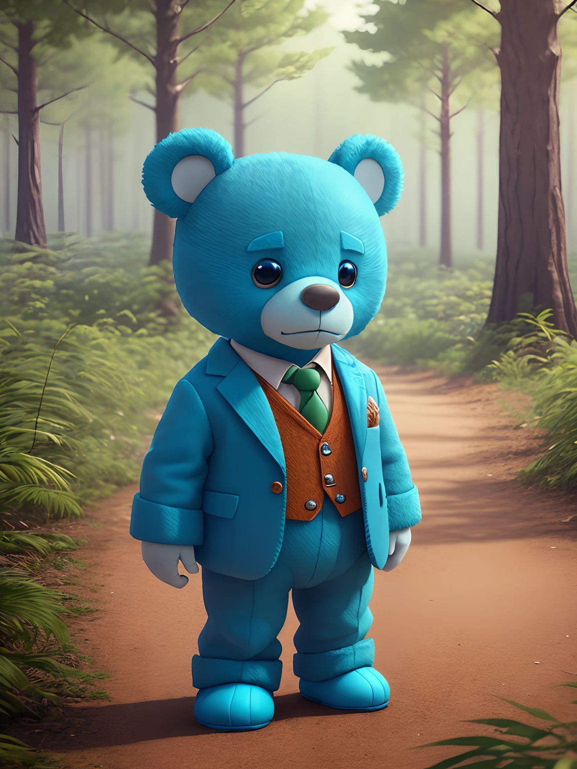 A blue teddy bear in a blue suit stands in the woods, 3D model of a Japanese mascot, Maya 8 K, anime lush john 8k woods, 3 d character, 3d character, Diego 5, 3D model Pixar rendering, an animated character, 3 d character render, Fanart, movie character, rendered in maya, pouty look :: rendering by octane