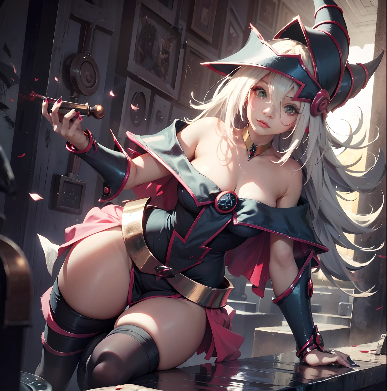 Dark magician girl es Un vampiro sexy:1 con ropa corta blanca manchada de sangre:2 mirando al espectador:3 cuerpo completo, cabello rubio suelto, mirada y colmillos amenazantes, alas de vampiro brillantes, blood staining her pale face, big size ass, sharp nails ready to pounce, en un cementerio por la noche, con ojos rojos intensamente fascinantes. Mago oscuro chica vampiro
