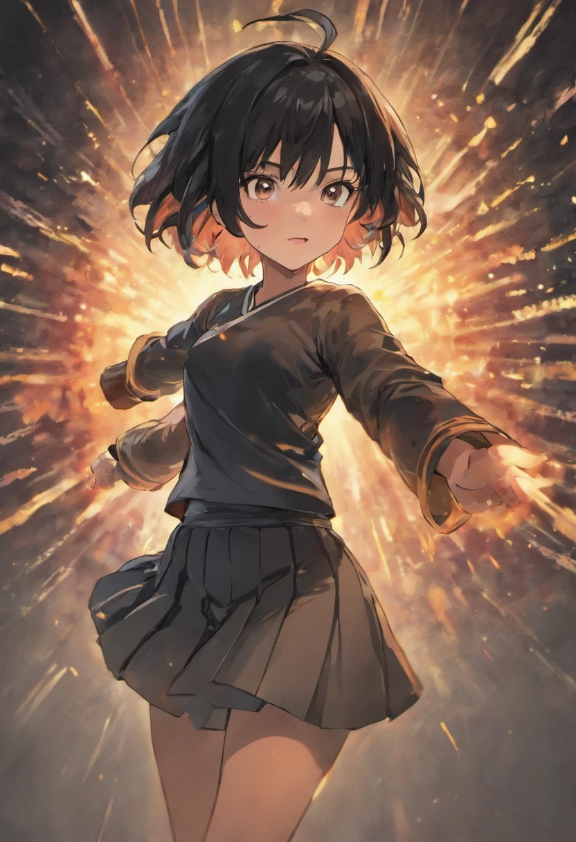 masterpiece, best quality, 1woman, short hair, black hair, black eyes, training, standing, smiling, angry face, aura power, night, natural light, standing, angry eyes, smiling, black hair, female focus, strong muscles, movie composition, depth of field, bokeh, (full body), saiyan, dragon ball, monk gi, gi, martial artist