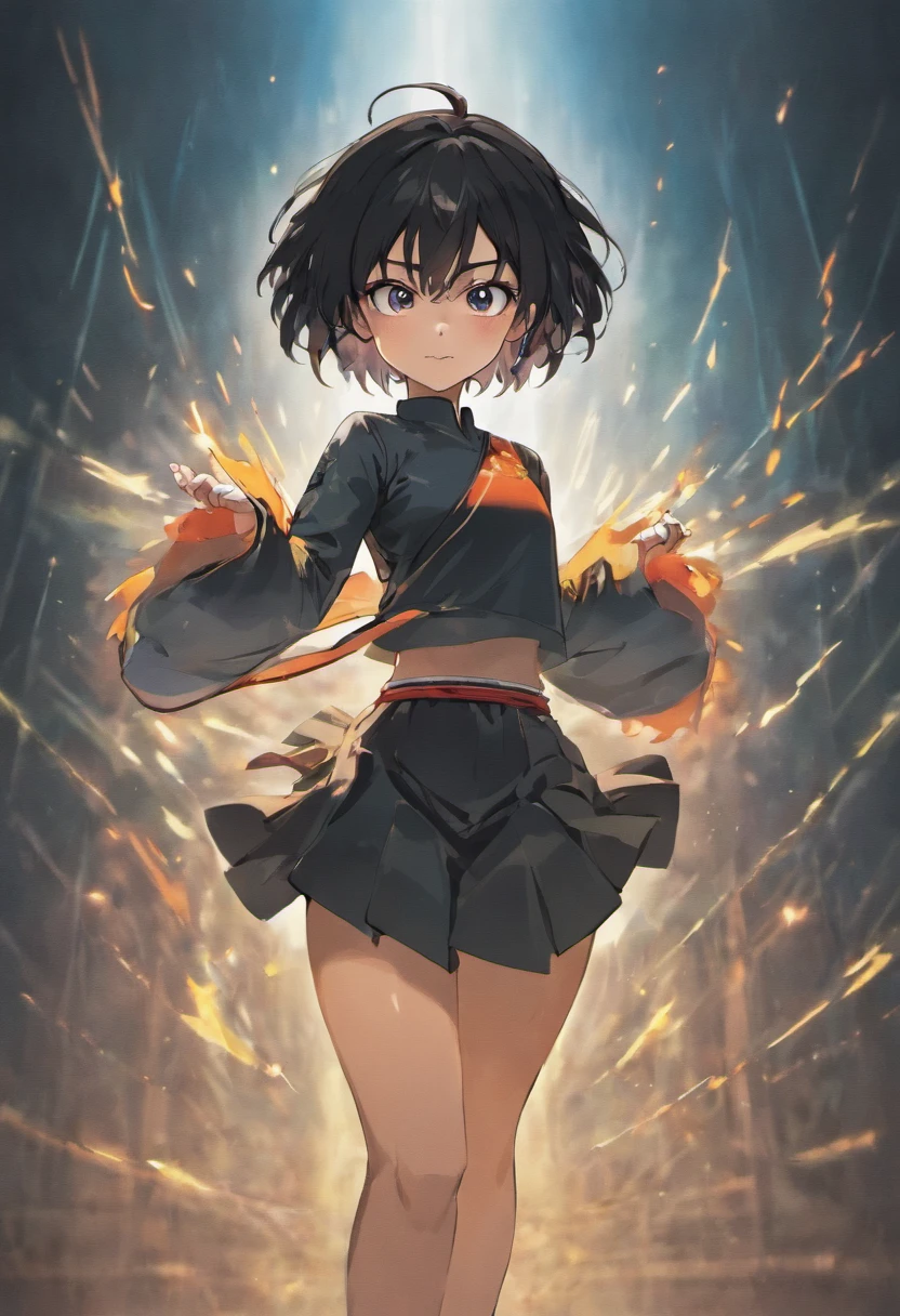 masterpiece, best quality, 1woman, short hair, black hair, black eyes, training, standing, smiling, angry face, aura power, night, natural light, standing, angry eyes, smiling, black hair, female focus, strong muscles, movie composition, depth of field, bokeh, (full body), saiyan, dragon ball, monk gi, gi, martial artist