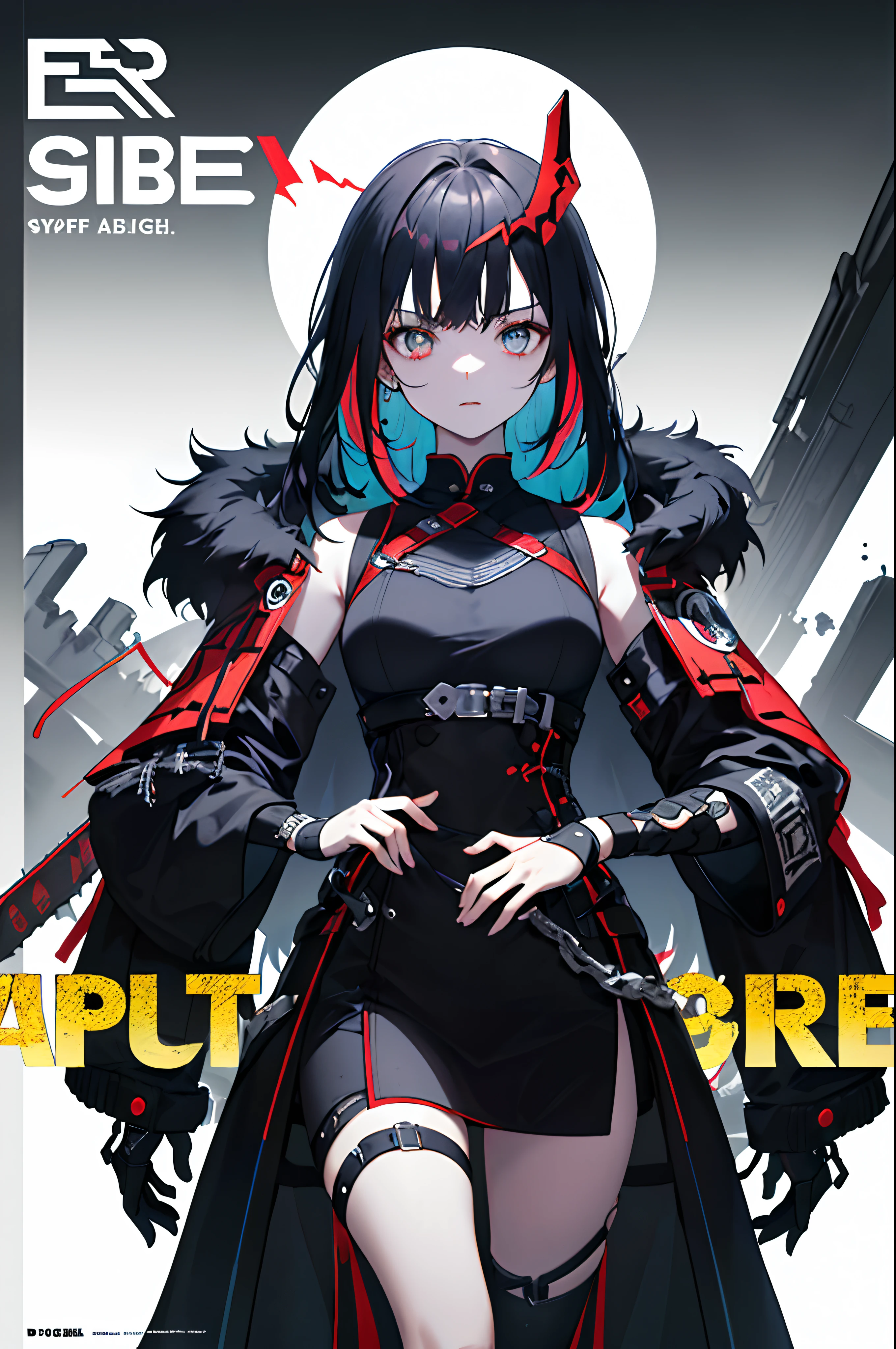 ((((Dramatic))), (((grittiness))), (((Intense))) The movie poster features a young woman as the central character。She stands confidently in the center of the poster,Wear fashion-forward cyborg-futuristic outfits,with a determined expression on her face。The background is dark and gritty,There is a sense of danger and a strong feeling。The text is bold and eye-catching,With catchy slogans,Adds to the overall drama and excitement。The color palette is dominated by dark colors,Dotted with bright colors,Make the poster dynamic and visually striking,tachi-e (Magazines:1.3), (Cover-style:1.3), Fashionab, woman, vibrant, Outfit, posing on a, Front,rich colourful,dyna,Background with,element in,self-assured,Expressing the,halter,statement,Attachment,A majestic,coil,Runt,Touching pubic area,Scenes,text,Cover of a,boldness,attention-grabbing,titles,Fashionab,typeface,Catchy,titles,more big,Smart、moderno、Trendy、focus-on、Fashionab、,tmasterpiece,Need,Best quality at best,Hyper-detailing,8K ,hyper HD