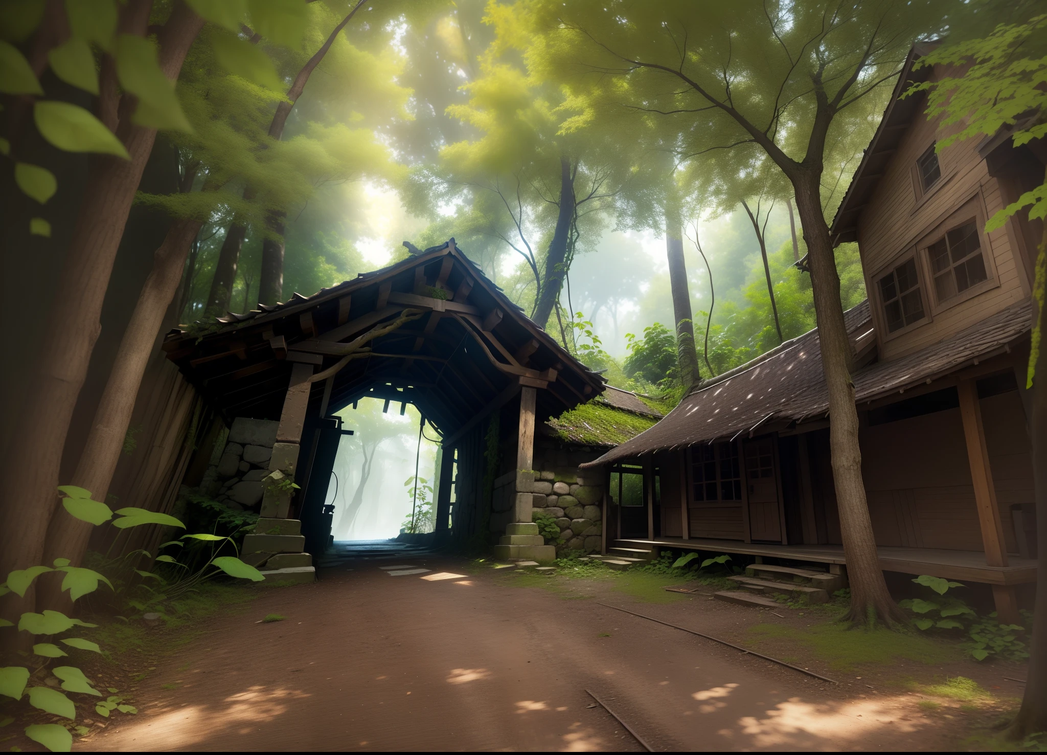 A house left with trees, vines, a path, leaves on the ground. (best quality, 4k, high-res, masterpiece:1.2), ultra-detailed, realistic:1.37, vivid colors, bokeh, portraits, landscape, professional, HDR, studio lighting, physically-based rendering, extreme detail description, sharp focus, oil painting, vibrant autumn tones, soft sunlight.