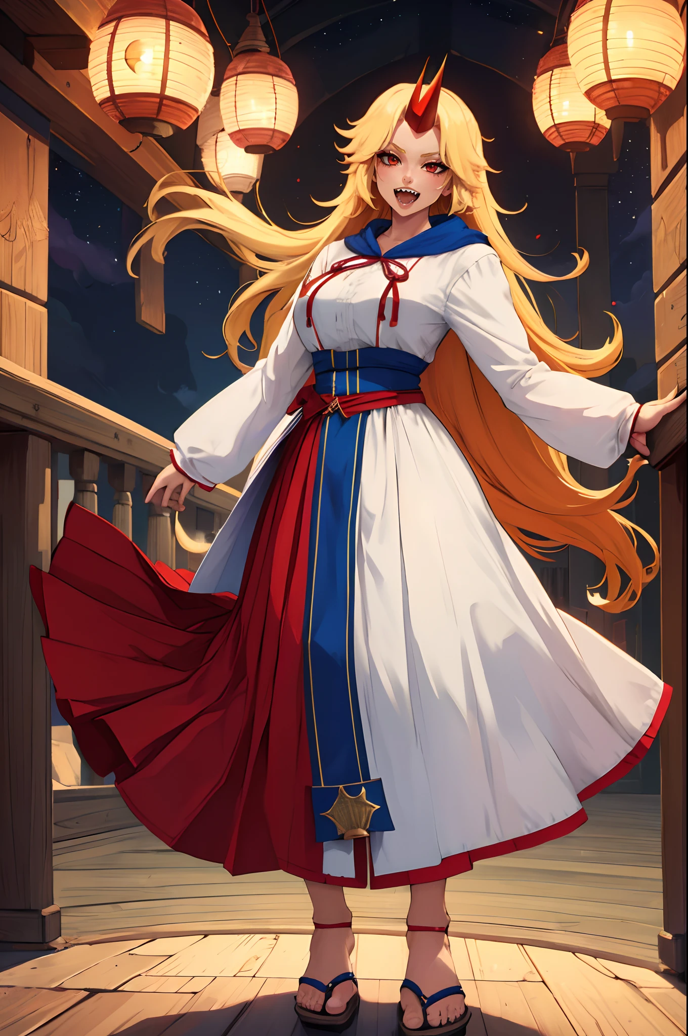 hoshiguma yuugi, european medieval cloths, crazy smile, medium breast, large skirt, long skirt, flipflops, full body, standing, medieval clothing,long skirt,(best quality,4k,8k,highres,masterpiece:1.2),ultra-detailed,(,1.37),portraits,vivid colors,warm tones,soft lighting, sharpteeth open mouth ,smile, double long skirt, long sleeves, white pullover, red and blue skirt,ultra-detailed hands,long hair, living hair