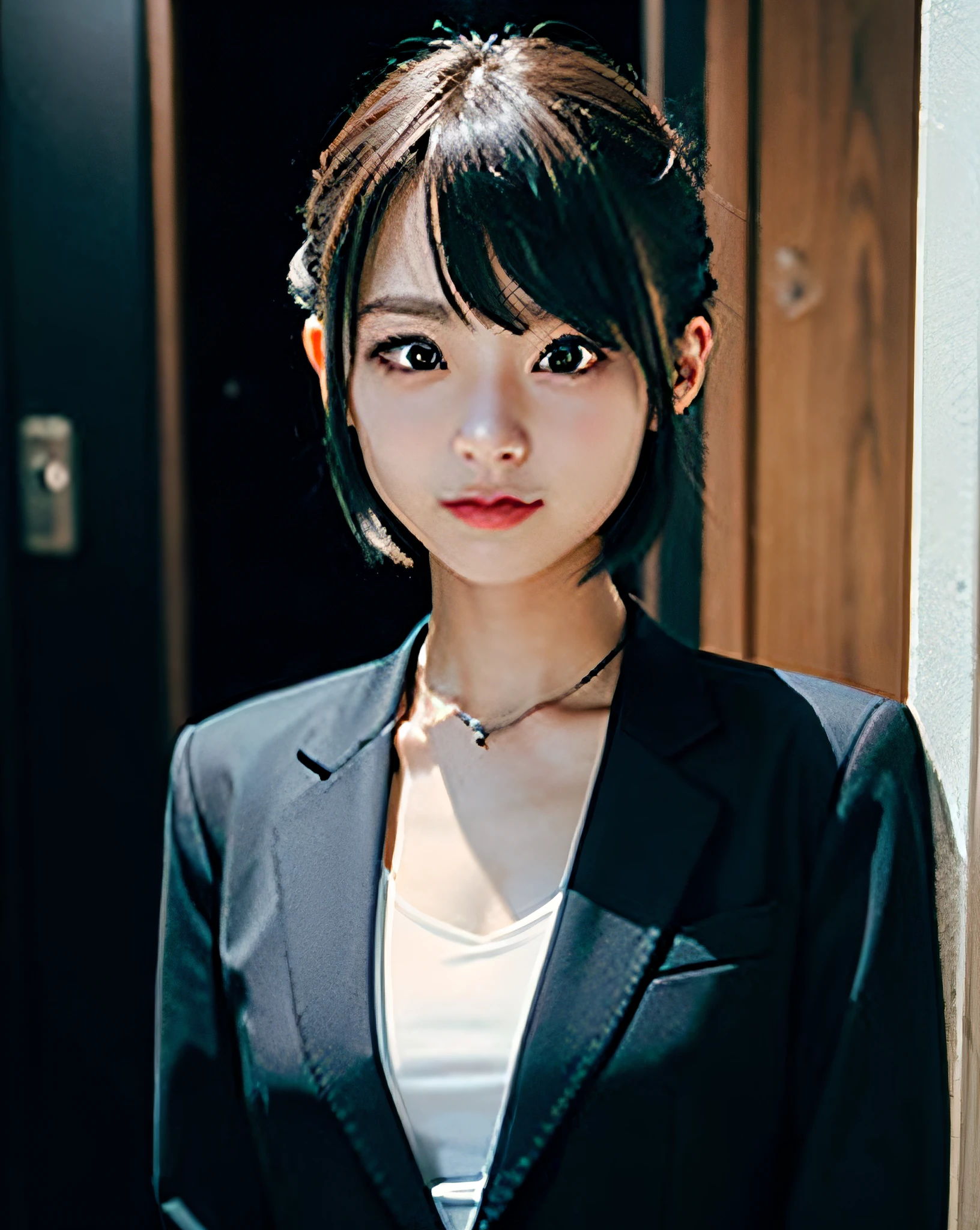 (top-quality、​masterpiece:1.2)、Best Quality、realisitic、photoshot、hight resolution、1080p、8K、Textured skin、Physical Rendering、1 Japan Girls、kawaii、Young Face、bed room, sex, short hair、(Business black suits:1.5)、full of shyness、smil、Big bust