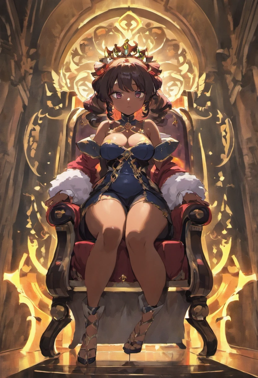 Fat black woman with hypnotic eyes sitting on a throne while using a white man as a footstool