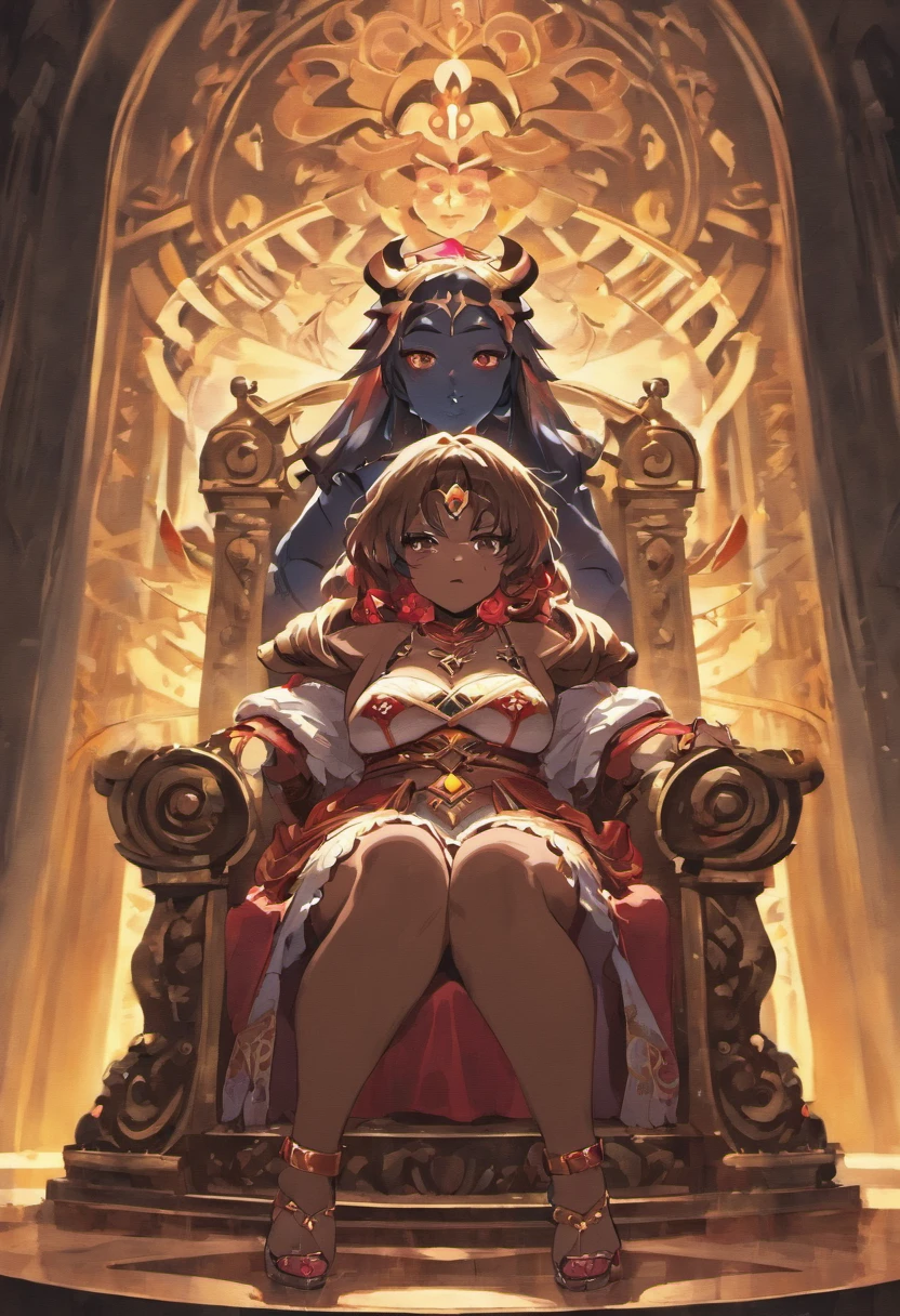 Fat black woman with hypnotic eyes sitting on a throne while using a white man as a footstool