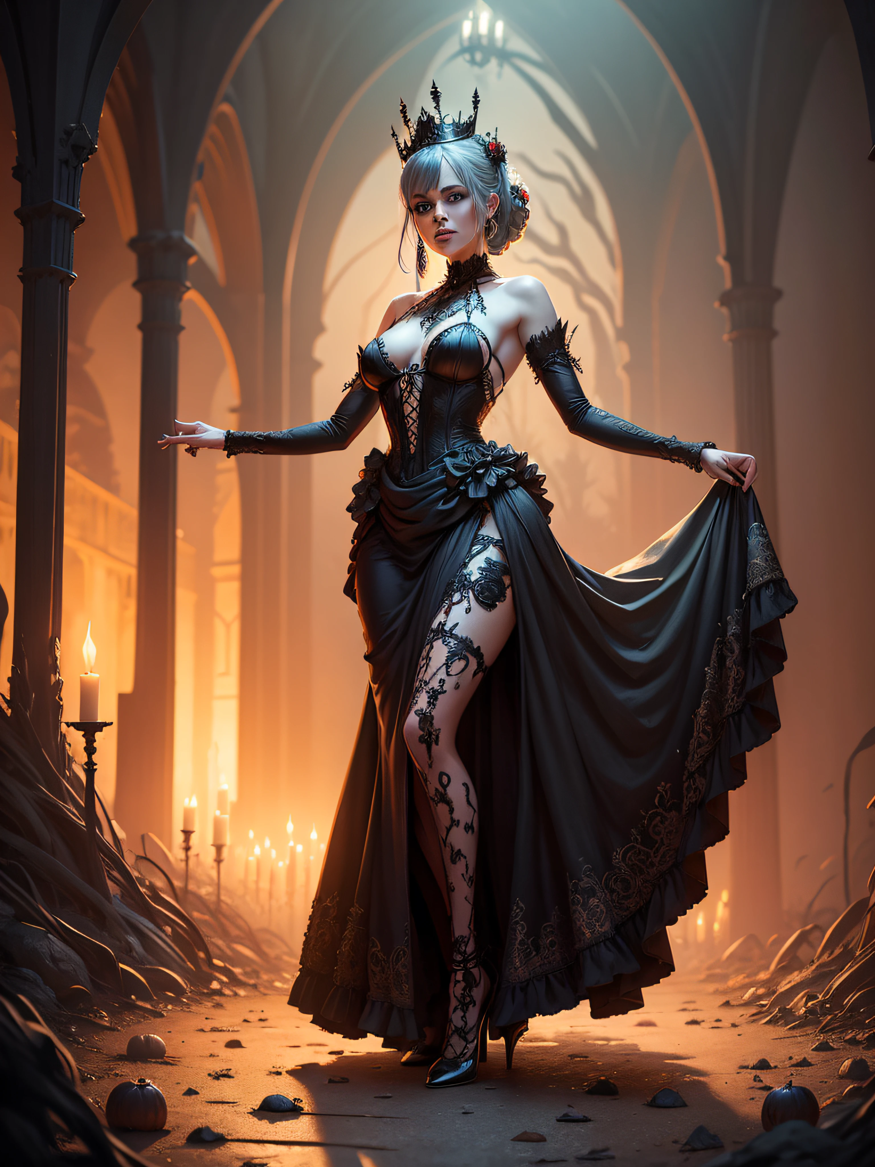 Landscape full body queen without clothes of the dead, Halloween palace in the valley, theme Halloween spectacular intricate detailed, surreal