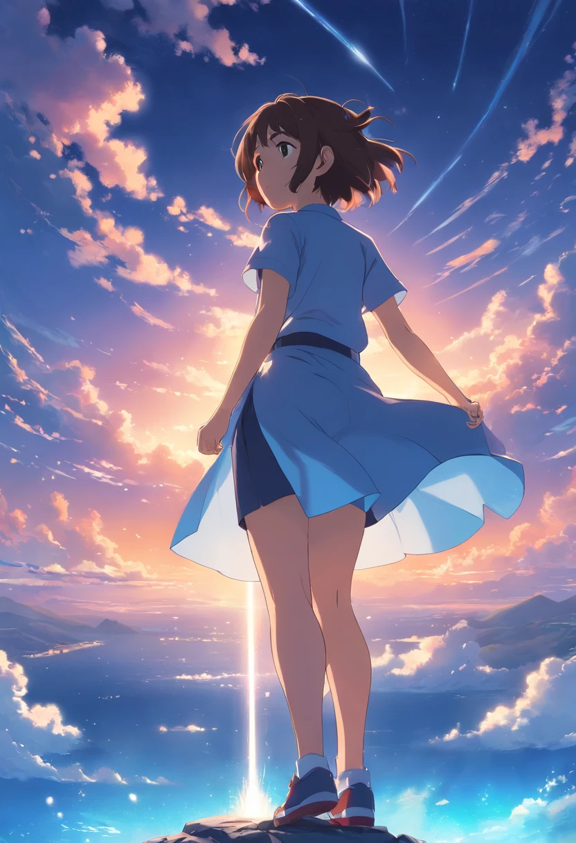 tmasterpiece,best qualtiy,cinematic Film still from,1girl,Cloud Girl,frontage,Floating in the sky,closeup cleavage,brightly,cheerfulness,Warm and soft lighting,the sunset,(spark of light:0.7)