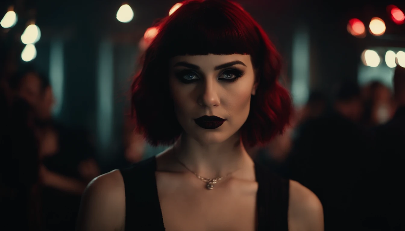 beautiful red eyed girl in a goth club, dark clubbing, people dancing in the background, nightclub, goth club, gothic cyberpunk, cyberpunk aesthetic, industrial aesthetic, goth aesthetic, ultra detailed.