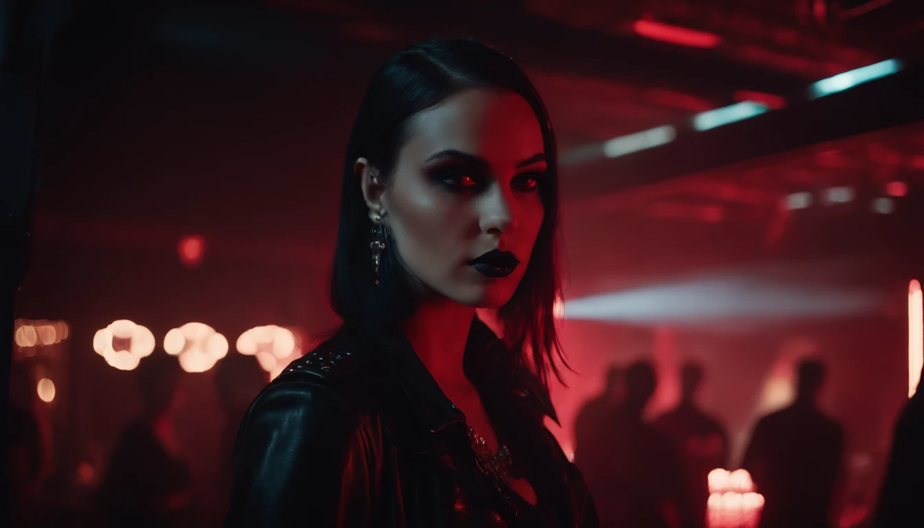 beautiful red eyed girl in a goth club, dark clubbing, people dancing in the background, nightclub, goth club, gothic cyberpunk, cyberpunk aesthetic, industrial aesthetic, goth aesthetic, ultra detailed.