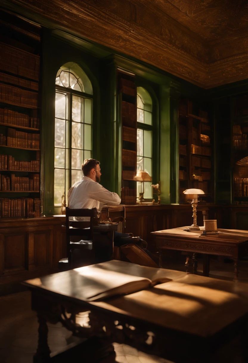 Old library, There is a precious book, dusty shelves. Carvings give the atmosphere of the library a mystical touch, harmonises perfectly with the warm tones of the walnut tree. Sunlight shines in through the colourful windows on the right side. Shadows on the floor. Green library lamps stand on the reading tables and shine on open books. A man is sitting at the table reading a book., interior architecture, cinematic lighting, masterpiece, super detail