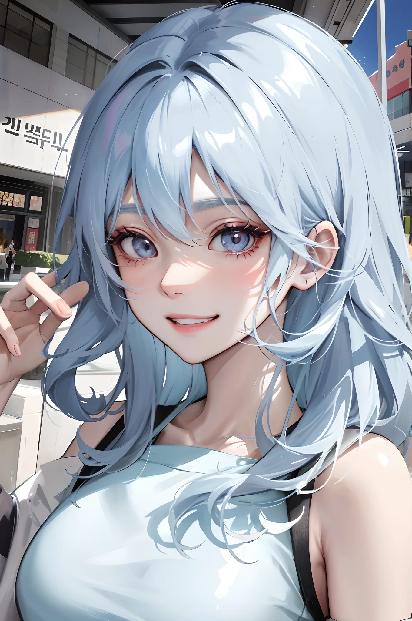 Absurdres, Masterpiece, Best quality, light colors, pastel colors, korean girl with Beautiful face , light blue hair , long semi curly with bangs, anime eyes, grin face, semi casual clothes, city mall background, detailed background