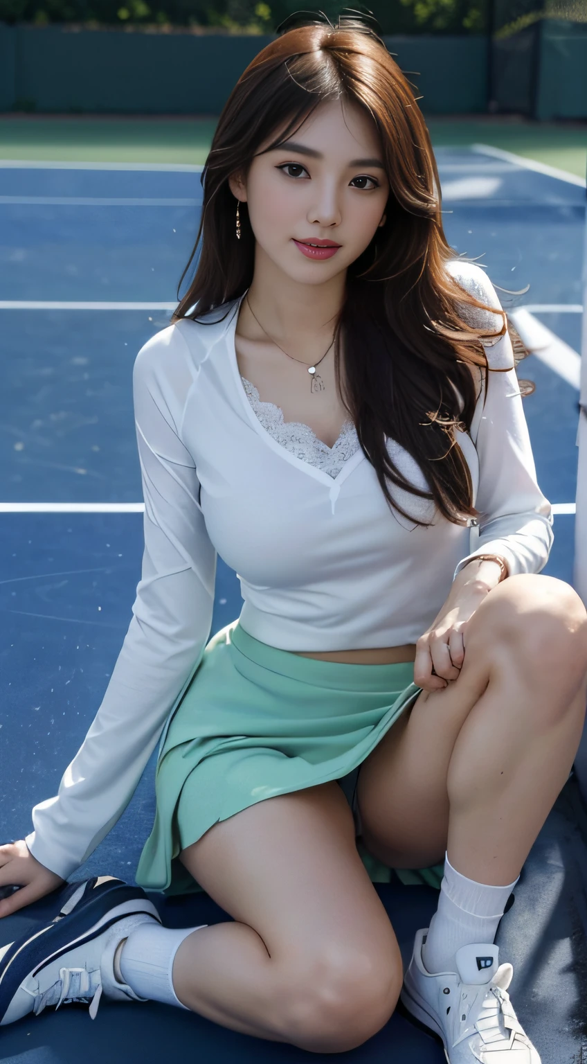 (hyperrealistic), (illustration), (high resolution), (8K), (extremely detailed), (best illustration), (beautiful detailed eyes), (professional), (photorealistic), (post-processing), (max detail),roughness, (best quality), (super detailed), (masterpiece), (wallpaper), (detailed face), (hard small nipple shadows: 1.4),((Perfectly detailed five-fingered hand)),ung girl, (19 years old), (sexy pro tennis player),(Japanese beauty), (double eyelids), (delicate face), (sunny smile),(high nose), (plump lips), (porcelain white skin),slim waist, (big breasts:1.2), long legs, big butt, firm abs, ((Five-toed feet with perfect proportions and details)), necklace, look at the viewer,earrings,(Layered hair),((inside the tennis court)),(Lace briefs:1.2),(Tennis skirt :1.2) ,(Tennis sneakers),(tennis socks),( long-sleeved top:1.2)