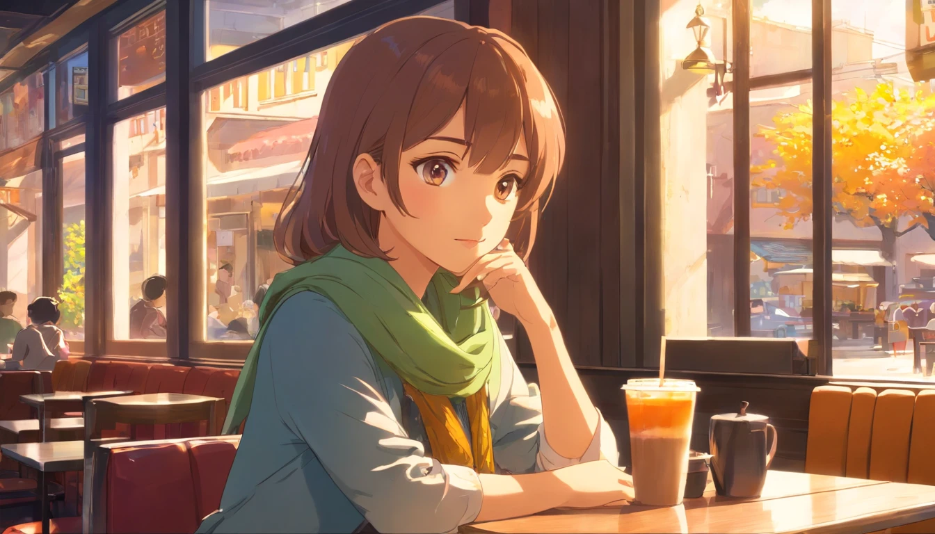 A young girl sitting in a corner of a cafe, drinking coffee and looking out of the window. Pensive, thoughtful expression on her face. The cafe is cozy with comfortable seating and warm lighting. The girl's eyes are bright and captivating, with long fluttering eyelashes. She has a delicate nose and soft, rosy lips. She is wearing a stylish outfit, with a flowy dress and a beautiful scarf. Her hair is flowing and well-styled. The cafe is filled with the aroma of freshly brewed coffee. The girl's table is adorned with a bouquet of colorful flowers. The window overlooks a peaceful street, with trees and people passing by. The sunlight filters through the leaves, casting gentle shadows on the girl's face. The colors in the scene are vibrant and rich, with a warm color tone. The overall image is of best quality, with ultra-detailed features and a realistic, photorealistic style. The attention to detail is emphasized, making every aspect of the girl and the cafe come to life. The lighting in the cafe is soft and creates a cozy atmosphere. The girl's presence in the scene exudes a sense of calm and tranquility, capturing the beauty of a quiet moment.