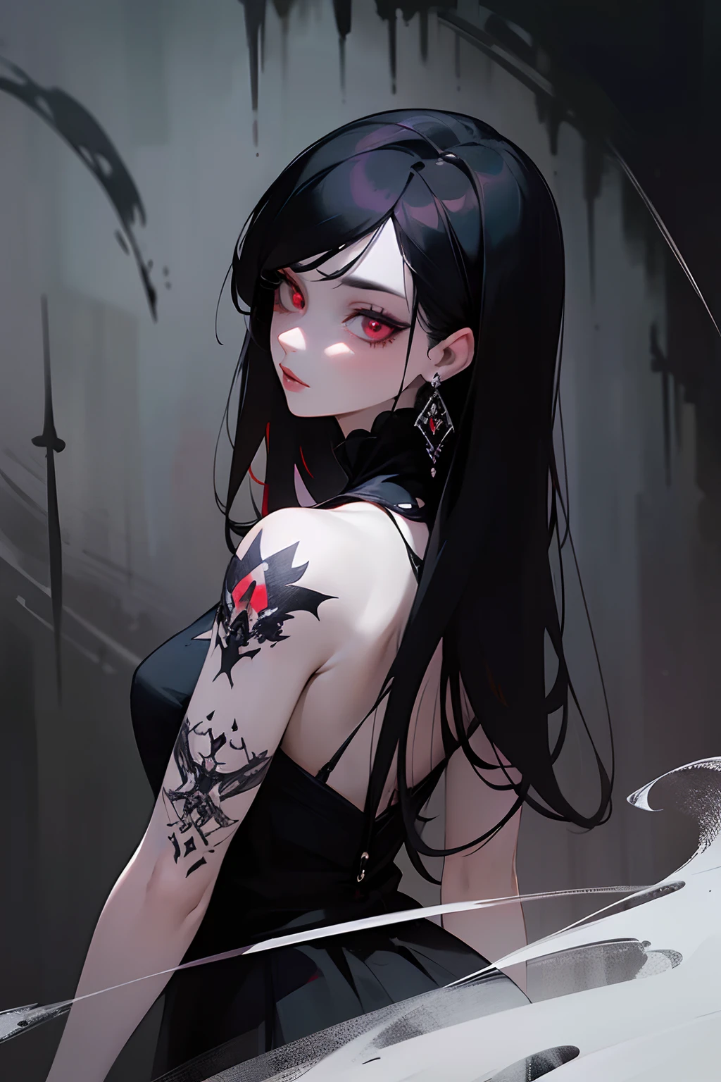 (high quality,best quality,masterpiece:1.2),1girl,beautiful detailed eyes,beautiful detailed lips,extremely detailed eyes and face,longeyelashes,black hair,red eyes,earrings,view from behind,showing the back,dress,blood,dark atmosphere,gothic style,pale skin,colorful tattoos,crow,haunting background music,mysterious lighting,soft focus,vivid colors