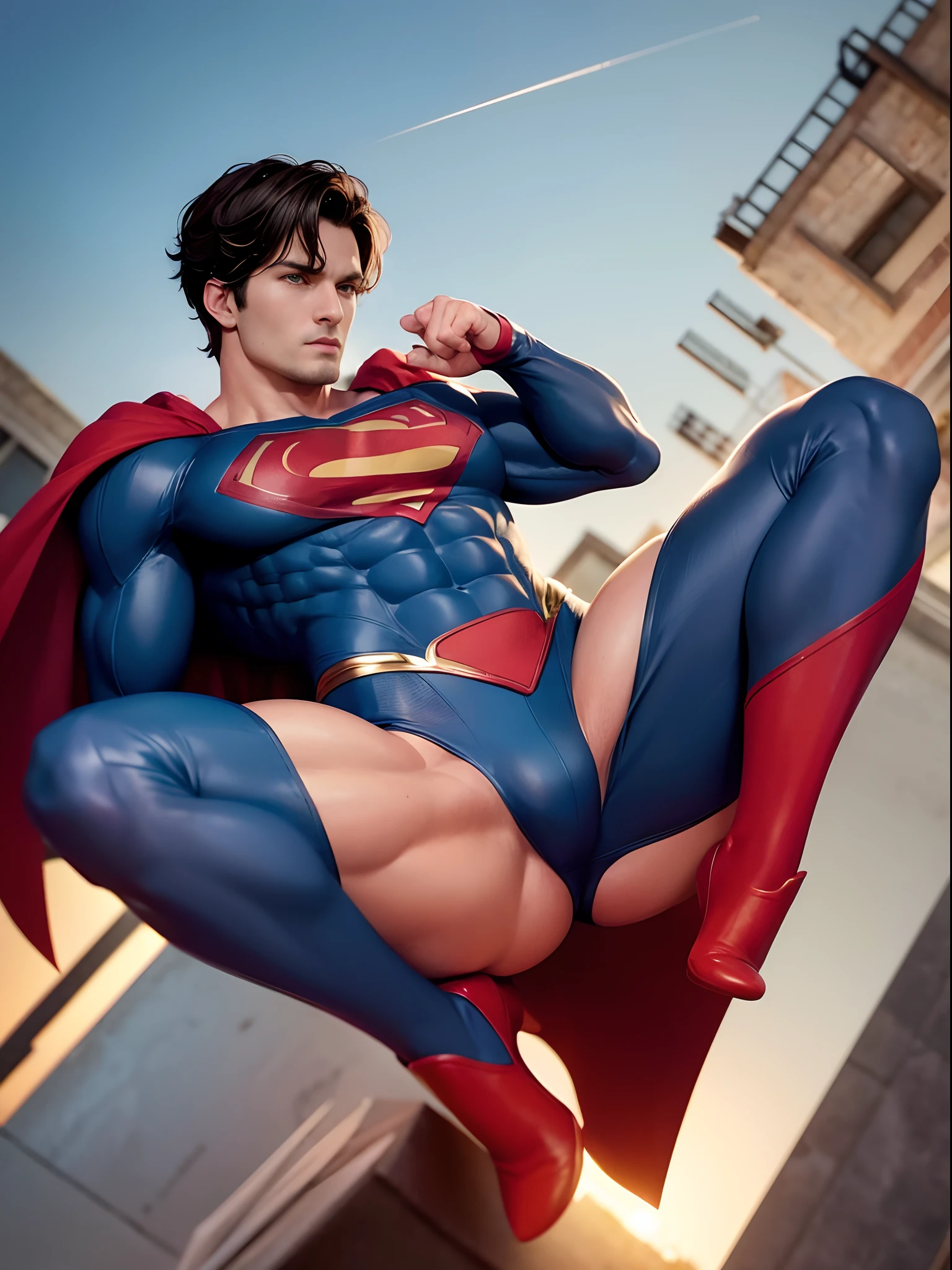 Use deep, dramatic shadows to emphasize the contours of Superman's muscles, enhancing the sensuality and definition of his physique.(masterpiece, best quality), Herny Cavill as superman, muscular, blue eyes, complex, (rooftop), full body, superman costume, bright colors, (depth of field: 1.2), (abs), blush, looking at the audience, on the floor, spreading your legs, nfsw