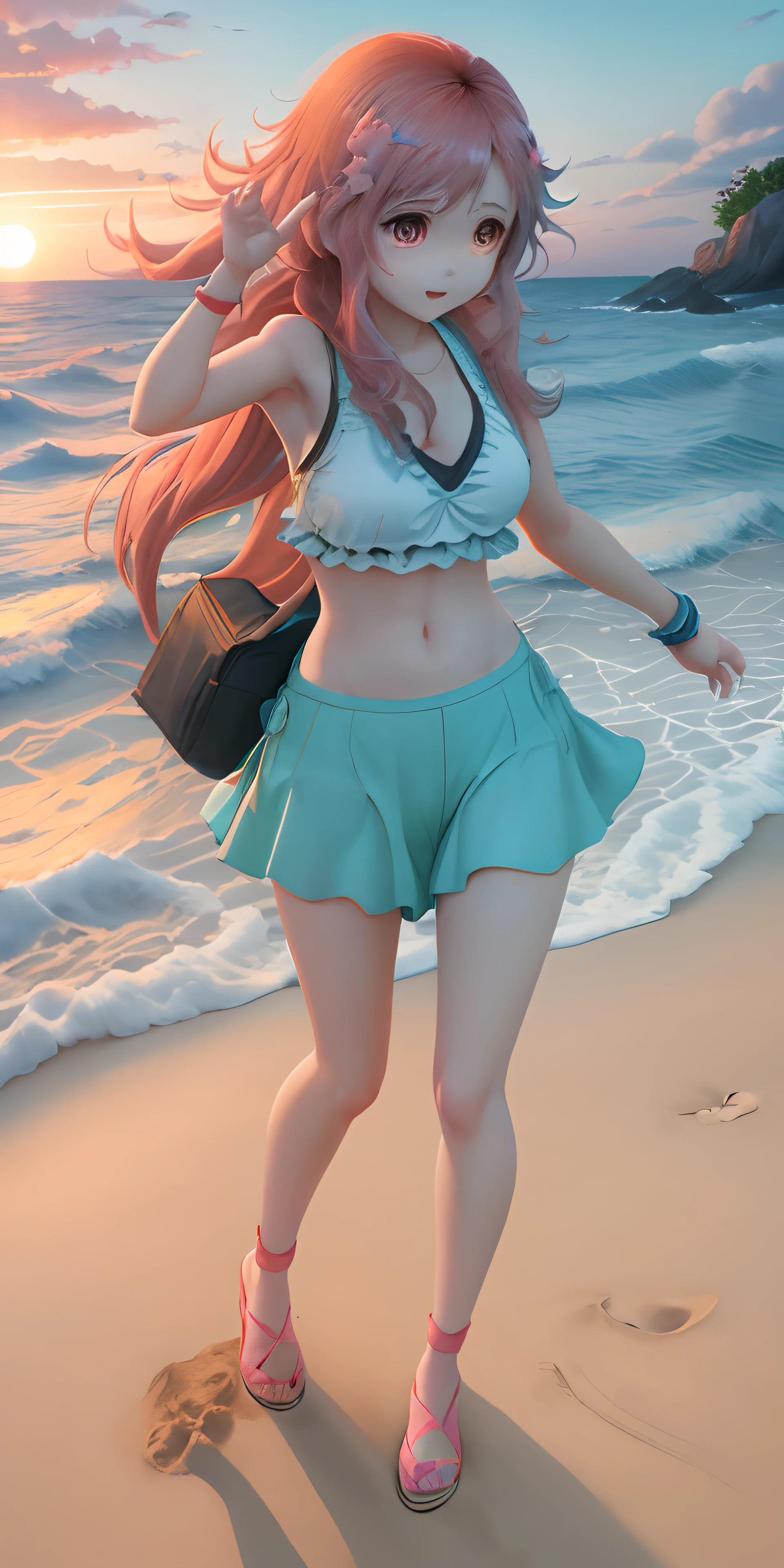 1 cute girl in anime style playing with happy in a sandy beach, beautiful sea on sunset, fluffy clouds
