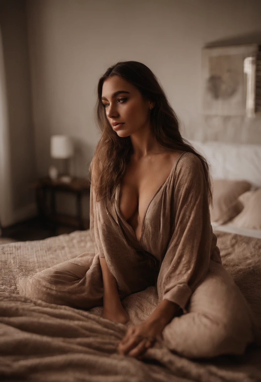 arafed woman fully , sexy girl with brown eyes, ultra realistic, meticulously detailed, portrait sophie mudd, brown hair and large eyes, selfie of a young woman, dubai eyes, violet myers, without makeup, natural makeup, looking directly at the camera, face with artgram, subtle makeup, stunning full body shot kneeling on bed, in bedroom, medium to large size bust naked