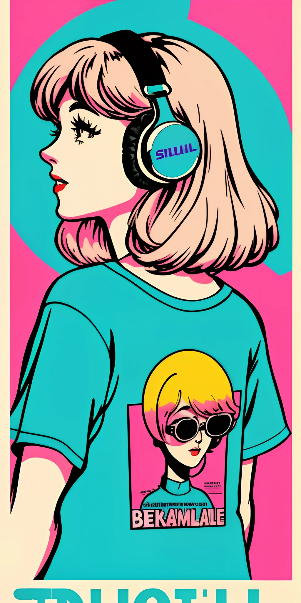 Light Tiffany blue background,colorful t-shirt。adult lady、Lunette de soleil、headphones、A pink-haired,silhuette,Color Light Tiffany Background,posterior view,Illustration in vintage style、1950s style poster、sticker art