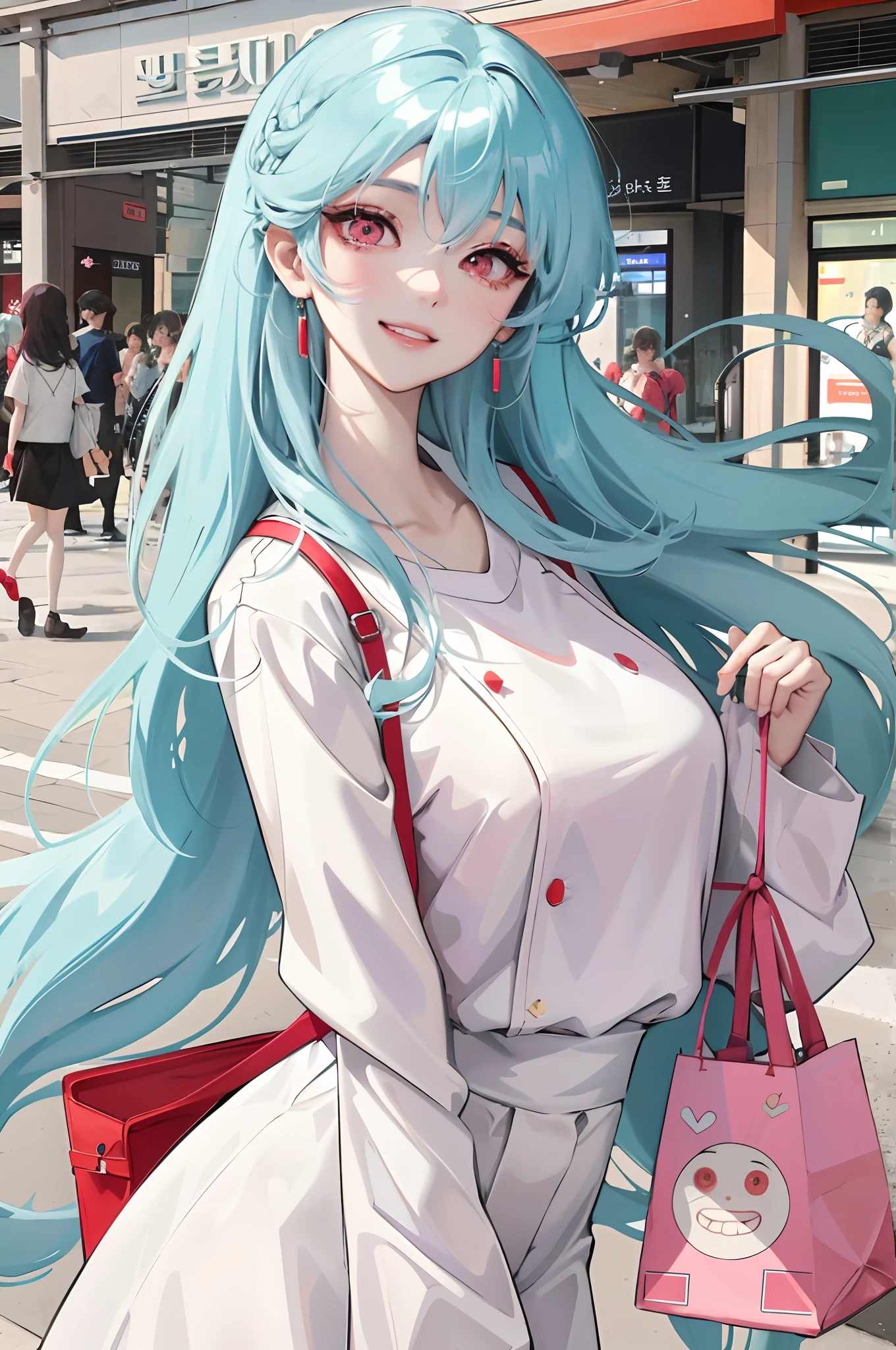 Absurdres, Masterpiece, Best quality, light colors, pastel colors, korean girl with Beautiful face , light teal hair , long semi curly with bangs, anime eyes, red eyes, grin face, semi casual clothes, city mall background, detailed background