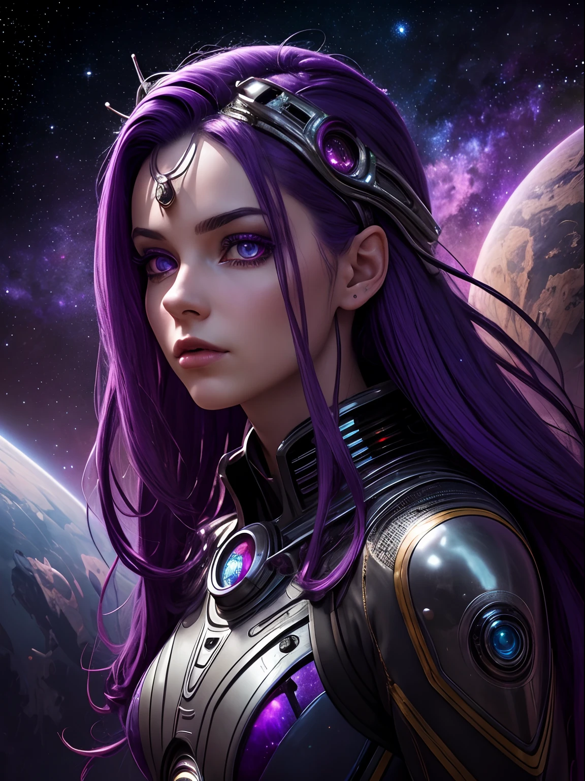 Masterpiece, RAW photo, hyper photorealistic, Beautiful alien girl with a lot of purple hair, on a far fantastic planet, cosmic landscape, cute sexy, highly detailed, fantasy aura, by rutkowski, hdr, intricate details, hyperdetailed, cinematic, depth of field, rim light