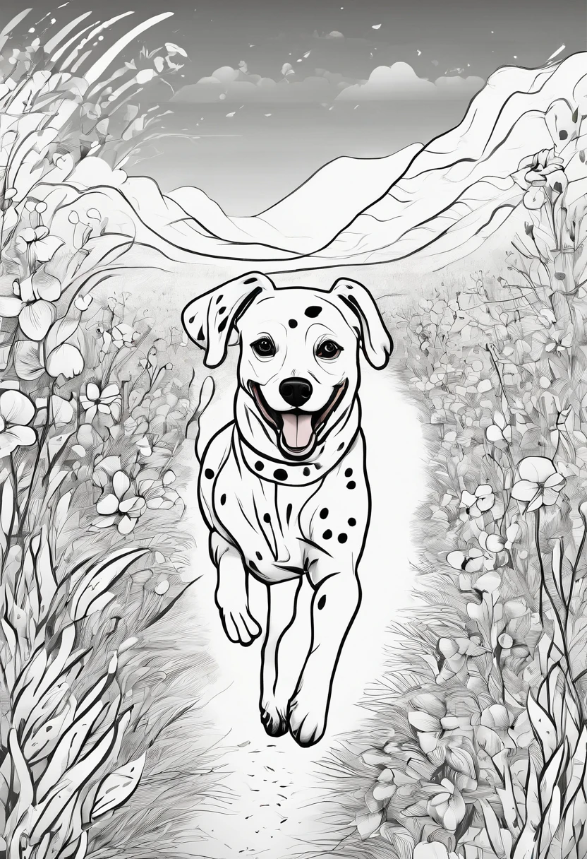 White Dalmatian dog running happily in a flowery field