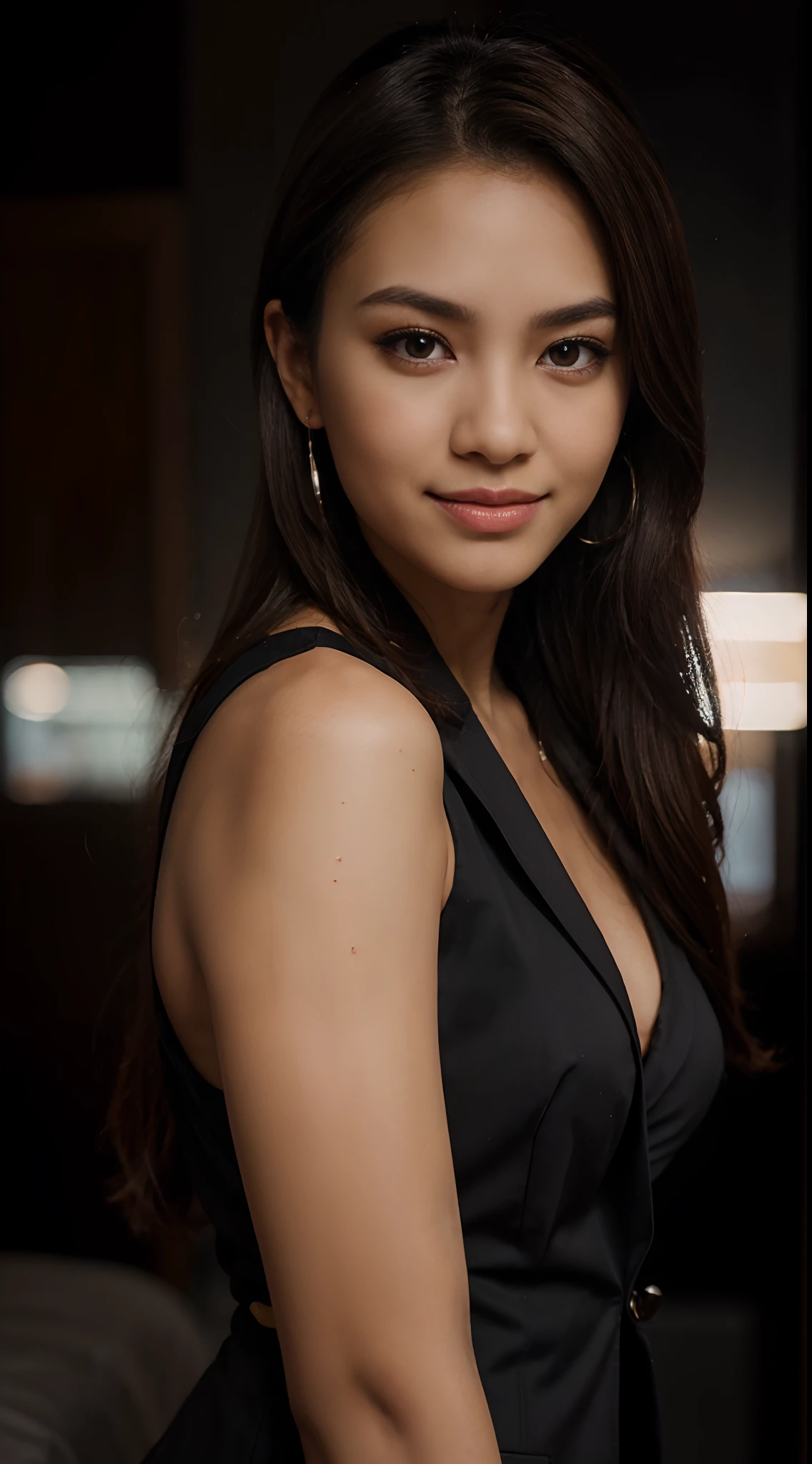 highest quality, epic realistic, ((in the pitch black darkness :1.4)), ((portrait:1.5)),(background: dark ) high contrast ,glorious picture, lowest lux, lighting face, she's comfortable, wearing nothing,  , looks incredible, (8k, Raw photo, Highest quality),(epic realistic:1.5), a woman, face,(detailed eyes:0.8),(looking at the camera:1.4), (Highest quality), ( high contrast, deep shadows),Intricate details,cinematic,((skin:1.4)), (long dark hair:1.3), long hair, messy ,(Hdr:1.5),Detailed, colors, Superior quality, Masterpiece, Raw Photo (20-year-old, looking at viewer), beautiful, (wearing plain yellow shirt,), perfect, natural, perfect composition, portrait, perfect face, smiling expression, Captivating eyes, Bright details, Tight lips, (High Skin Detail),, (blue tint: 0.6), (sale: 0.8), (bloody: 0.7), Key lighting , (backlight: 0.5), Medium depth of field, Canon 5d, 50mm lens, f/4 apertures, (Ultra-detailed, Complex detail), sharp focus, soft colors, 8k, Absurd, 80mm, bokeh background, photography, smiling, pinay, filipina, large boobs, neon lights background, bokeh