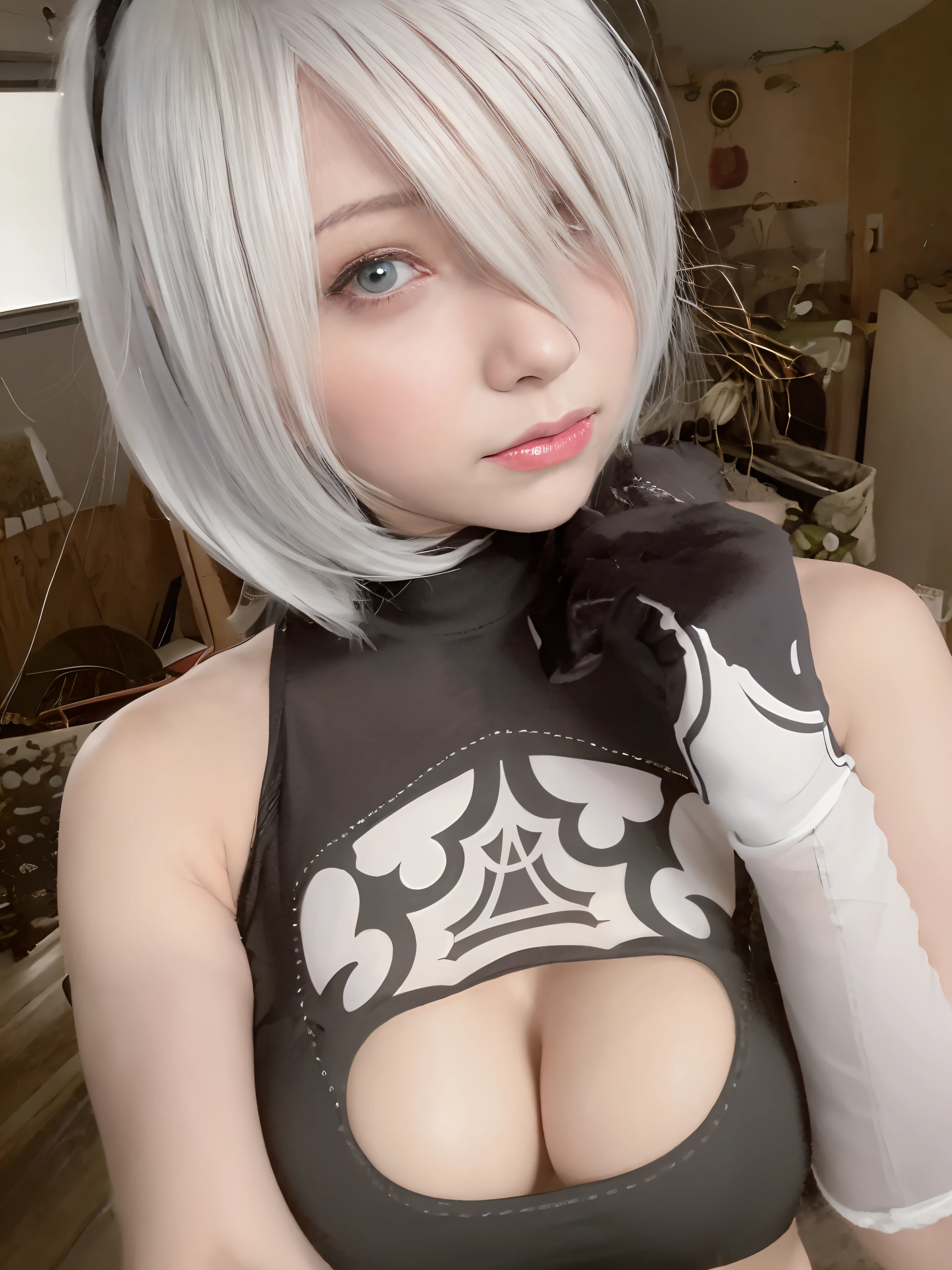 There is a woman with white hair and a black top, 2 b from nier automata, 2b from nier automata, nier-inspired, nier 2 b, Nier : automata inspired, Nier:automata inspired, 2b nier automata, Nier, 2b, 2 b, nier autoamata, Anime girl cosplay