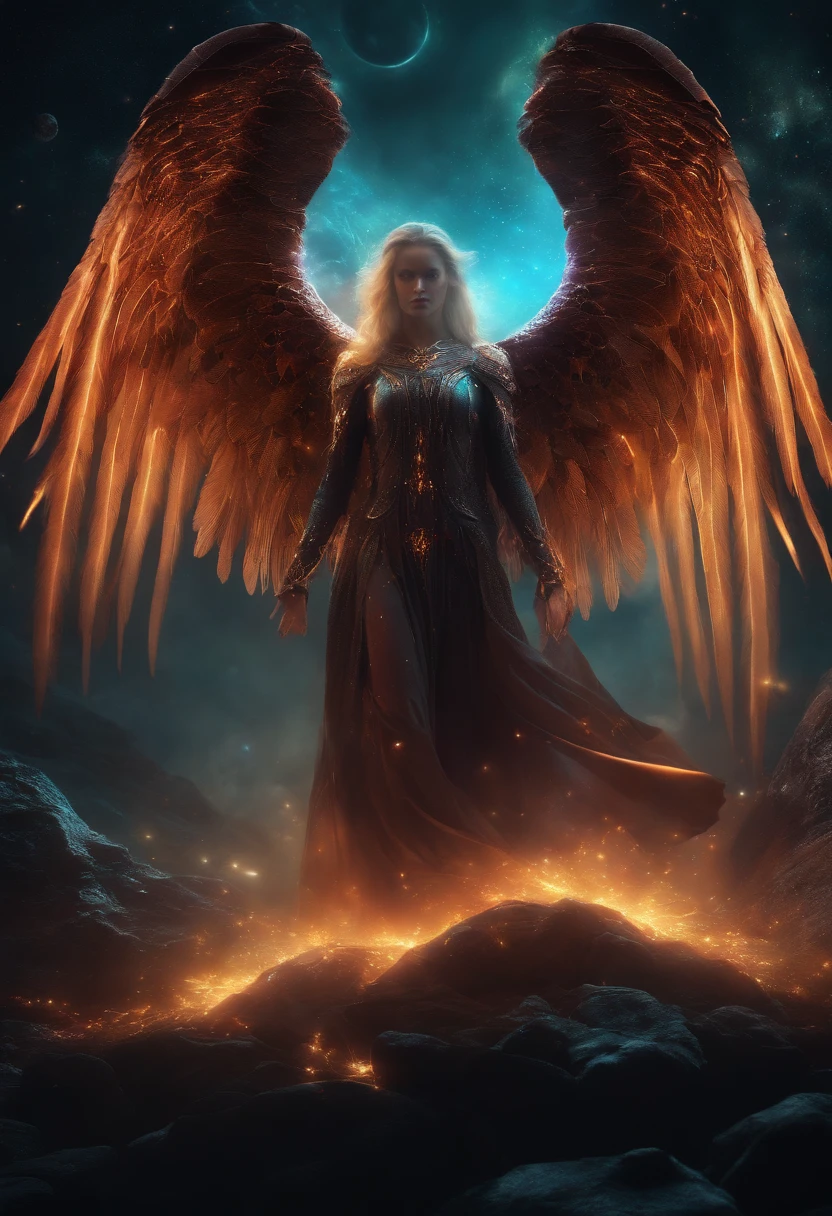 Cosmic Fallen Angel, glowing light eyes, Biomechanical, eerie, Creepy, nightmarish, Very bright colors, Light particles, with light glowing, Mshiff, wallpaper art, UHD wallpaper