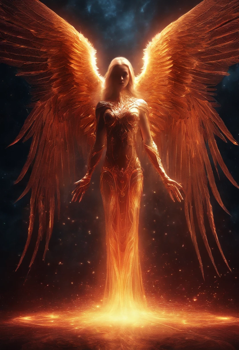 Cosmic Fallen Angel, glowing light eyes, Biomechanical, eerie, Creepy, nightmarish, Very bright colors, Light particles, with light glowing, Mshiff, wallpaper art, UHD wallpaper