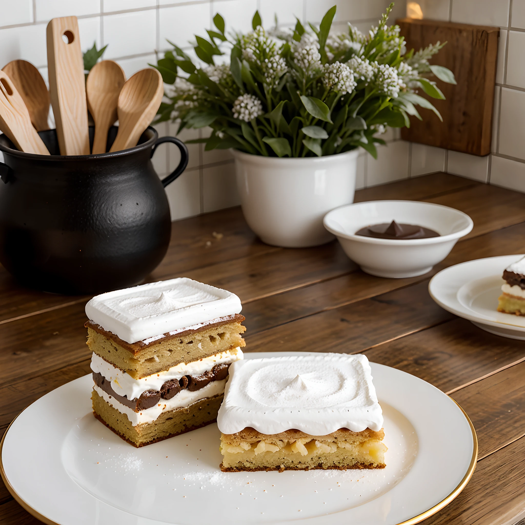 A close-up shot of a millefeuille cake. The millefeuille cake is covered with powdered sugar. Slices of cake and teaspoon near. Create a vibrant and appetizing image. The cake is in a white square plate with a golden edge. On the plate there are chocolate chips. The plate is placed on a rustic wooden table with a refined white napkin resting on the side. Steam smoke coming out from a pot in background. The scene is set in a homey kitchen environment, wood oven on, with blurred background elements that suggest a warm, everyday setting. A seasonal fruit basket on the table The lighting should be natural and soft, highlighting the appetizing qualities of cold cuts and the cozy atmosphere of the setting, detailed professional photography and light, close-up, eye level, still life