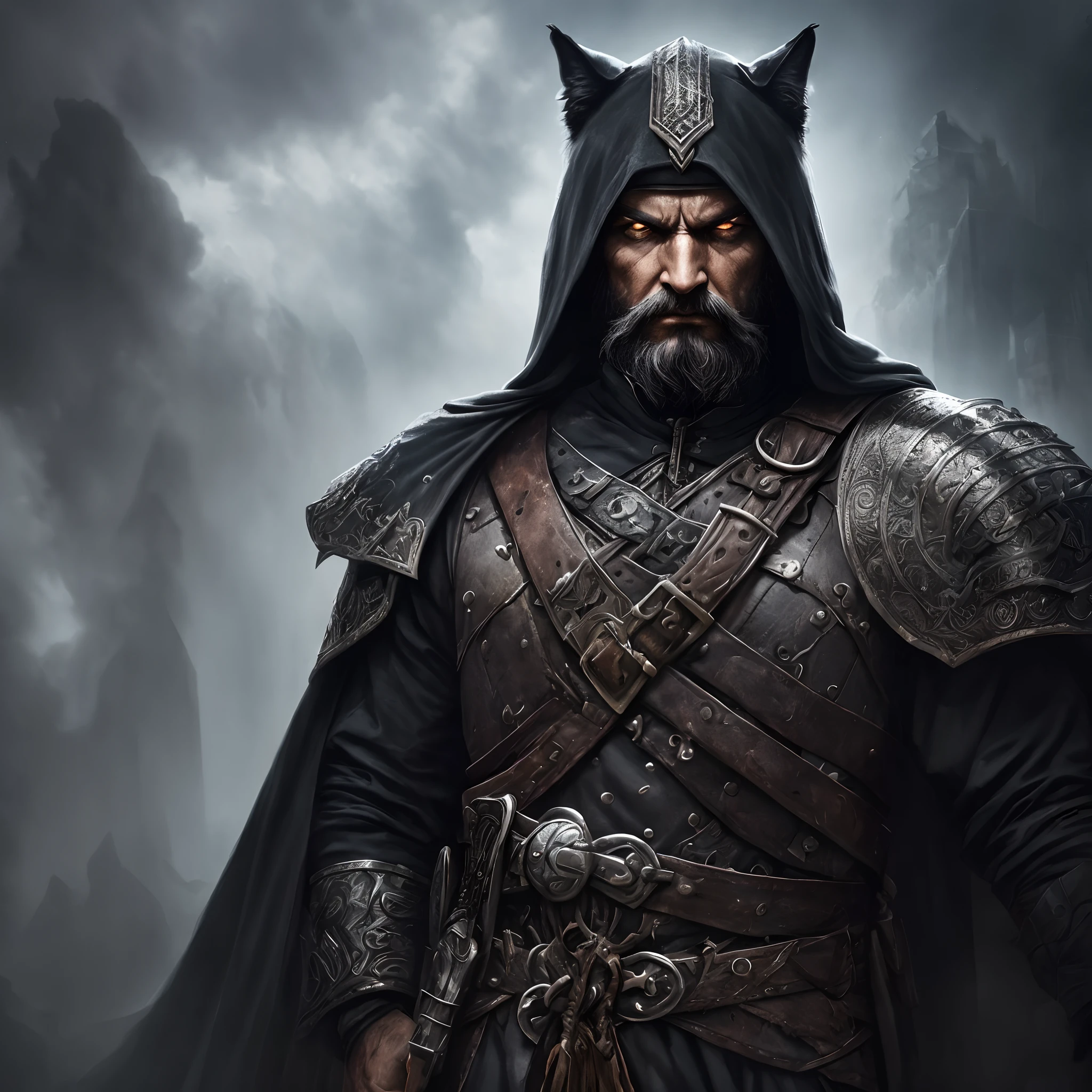 Chechen warrior with black wolf armor long beard,bright piercing eyes,sharp features,menacing gaze,dark and intense,sinister aura,powerful presence,mystical background,heavy shadows,mysterious and enigmatic,deeply wrinkled forehead,ancient wisdom,shadowy figure,wispy hair,cloaked in darkness,mystical powers,medium:oil painting,realistic,historical accuracy,vivid colors,dramatic lighting,imposing stature,piercing stare,storytelling in image,foreboding atmosphere