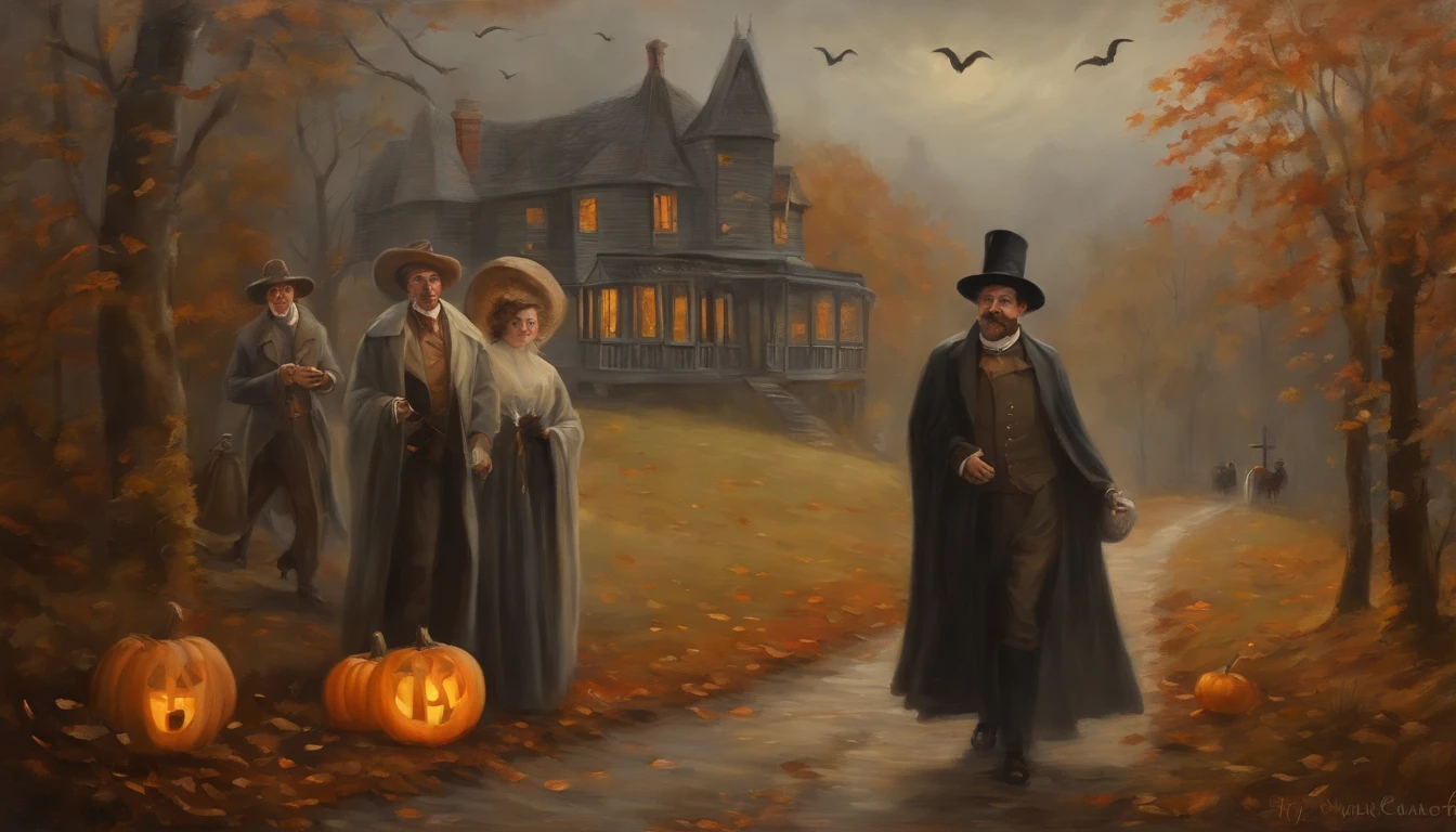 Painting Design Vintage Halloween Art, Espeluznante malhumorado, Neutral rustic style, on an autumnal grey morning, con personajes fantasmas caminando.