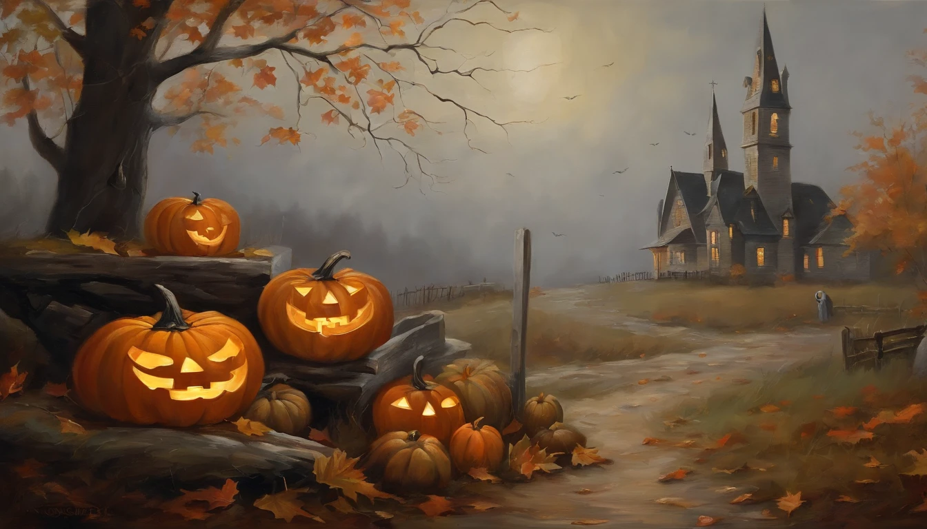 Painting Design Vintage Halloween Art, Espeluznante malhumorado, Neutral rustic style, on an autumnal grey morning, con personajes fantasmas caminando.