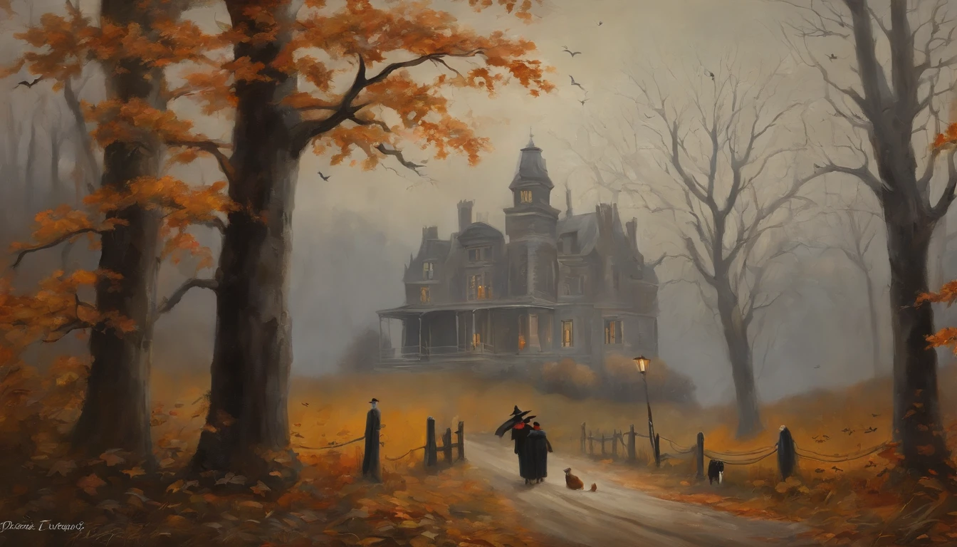 Painting Design Vintage Halloween Art, Espeluznante malhumorado, Neutral rustic style, on an autumnal grey morning, con personajes fantasmas caminando.