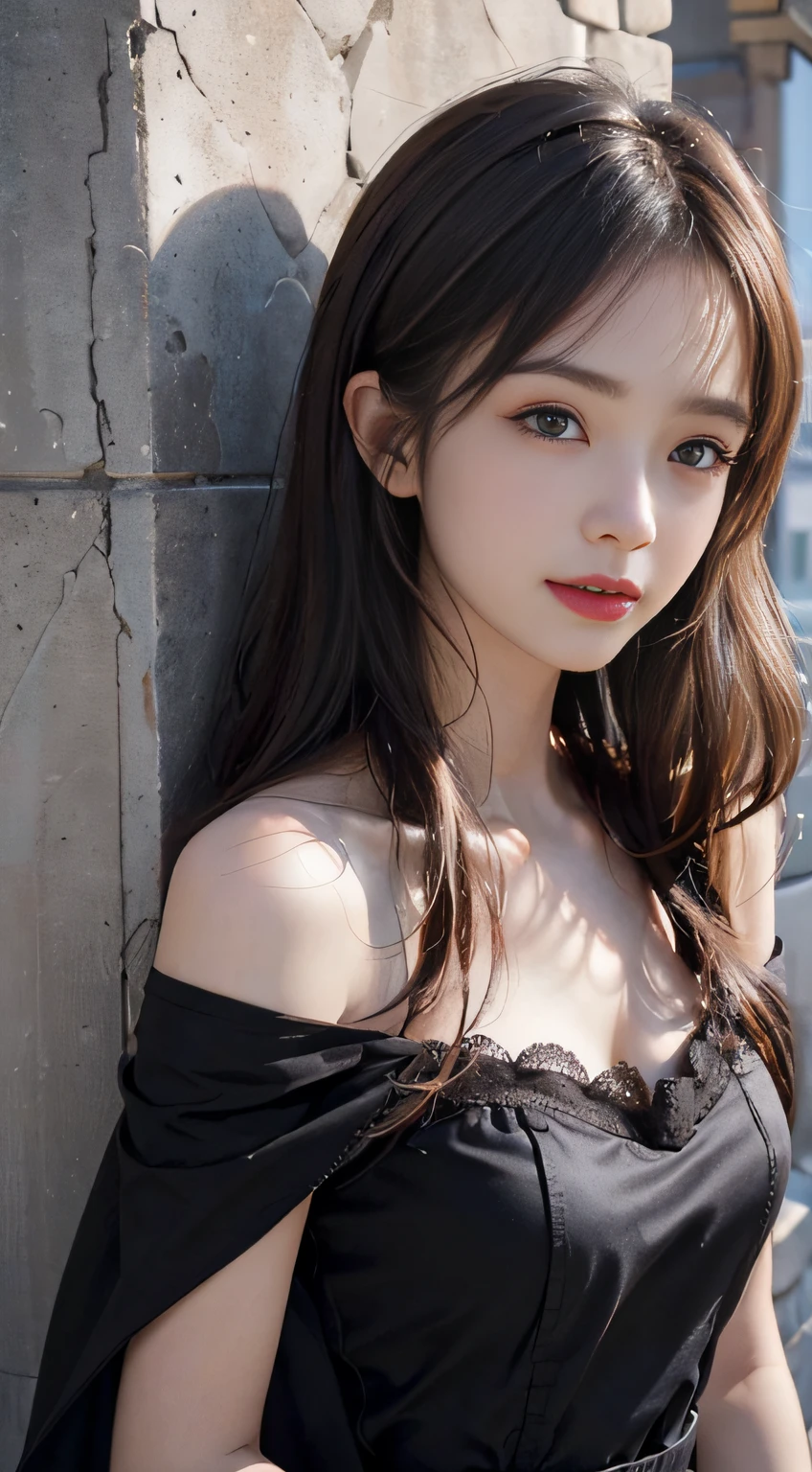 (Highest quality,8k,High resolution,masterpiece:1.2),Digital Art, girl,Delicate face,Delicate eyes,Dark brown hair,Straight hair,Sparkling amber eyes,Red lips,suspenders ,particle,Dust,A little blush,shy,in love,Gaze lovingly at,(HD Skins),Cleavage,Shallow depth of field,Warm colors,2-color light