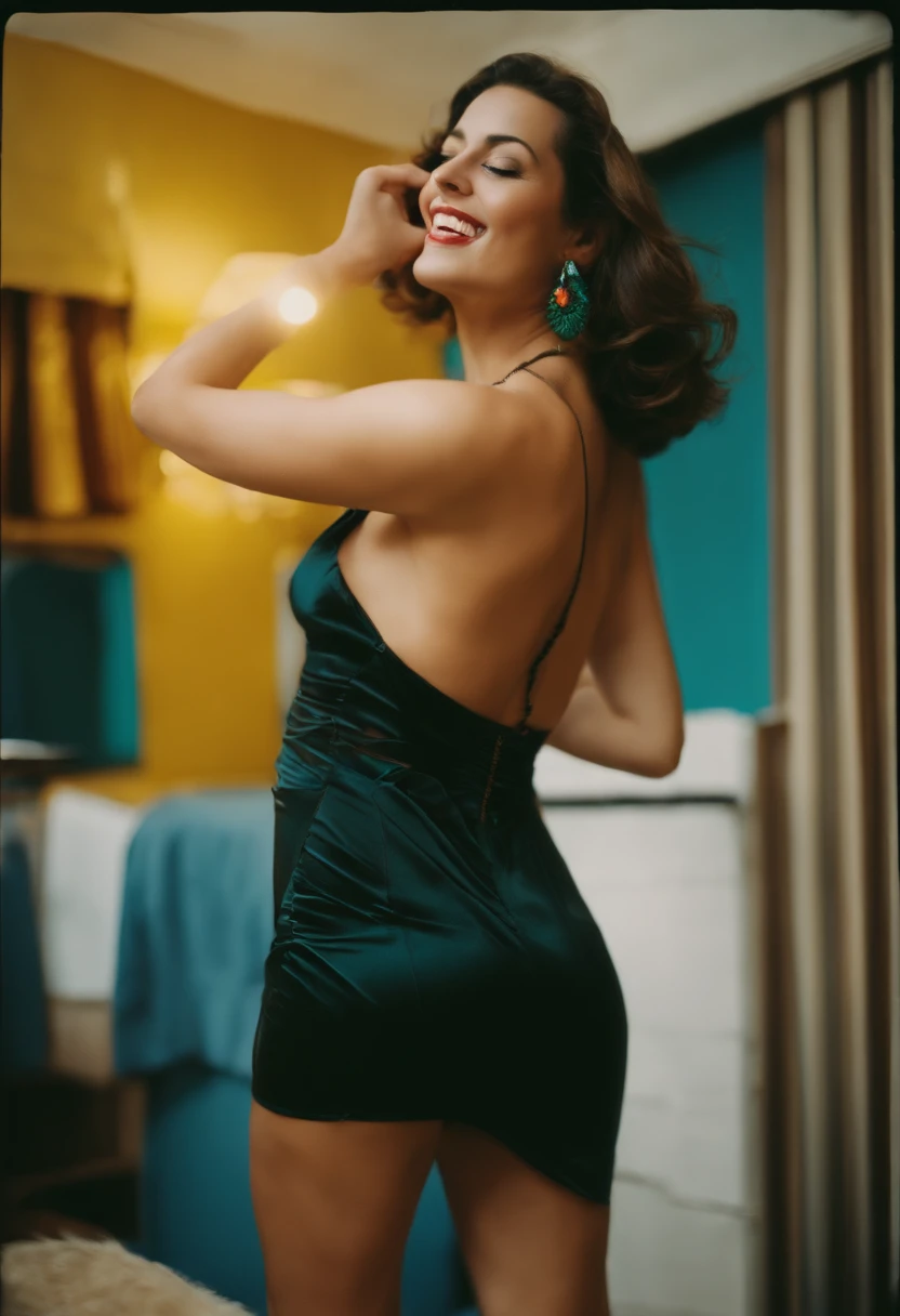 (best quality,highres),happy,suggestive,Kodak disposable camera,standing,posing,different position,beautiful woman,wearing a short,sexy,provocative dress,vibrant colors,playful expression,retro vibe