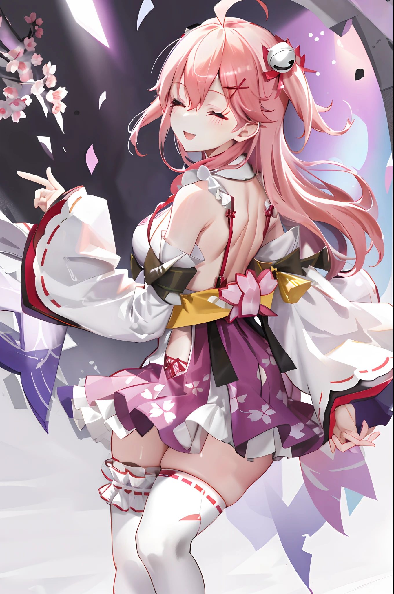 masterpiece, best quality, highres, miko1, sakura_miko, 1girl, big_boobs, solo, ahoge, x_hair_ornament, pink_hair, floral print, hairclip,(side_less_clothes:1.5), (side_boobs:1.5), hair_bell, floral print, long_hair, hair between eyes, one side up, white thighhighs, asymmetrical legwear, wide sleeves, open_mouth,(happy:1.3),close_eyes,big_smile,rising_leg,plump,apart_legs,(overly_long_sleeves:1.3),(beautiful_fingers),sleeves_past_wrists,hands_hidden_sleeves,sidelock_clothes,dynamic_posing,solo,hidden_wrists,(XD:1.4),