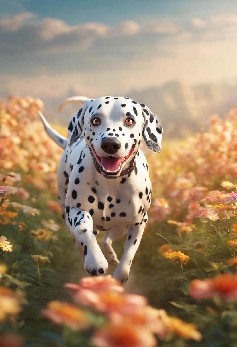 Happy white dalmatian dog running in a flowery field