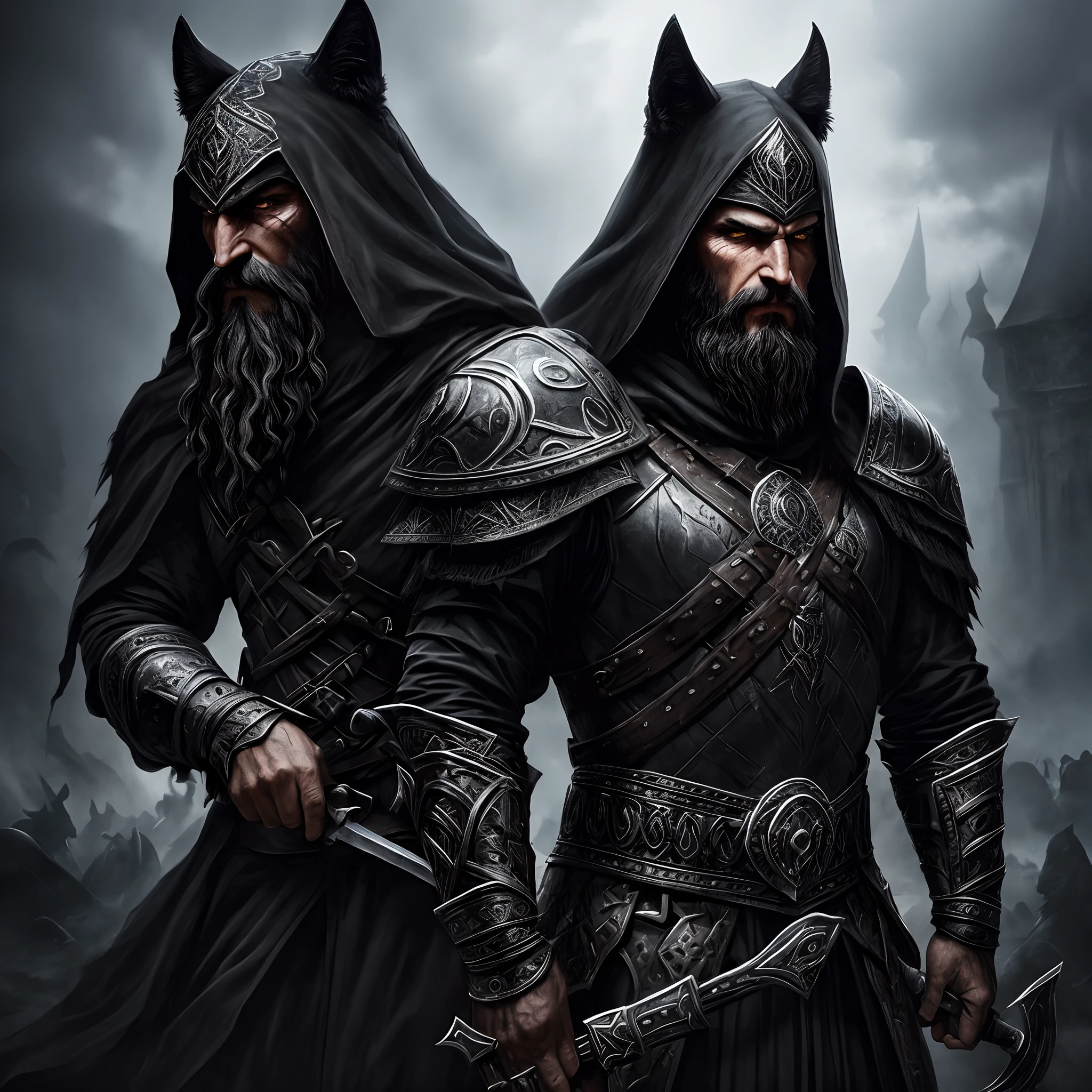 Chechen warrior with black wolf armor long beard,bright piercing eyes,sharp features,menacing gaze,dark and intense,sinister aura,powerful presence,mystical background,heavy shadows,mysterious and enigmatic,deeply wrinkled forehead,ancient wisdom,shadowy figure,wispy hair,cloaked in darkness,mystical powers,medium:oil painting,realistic,historical accuracy,vivid colors,dramatic lighting,imposing stature,piercing stare,storytelling in image,foreboding atmosphere