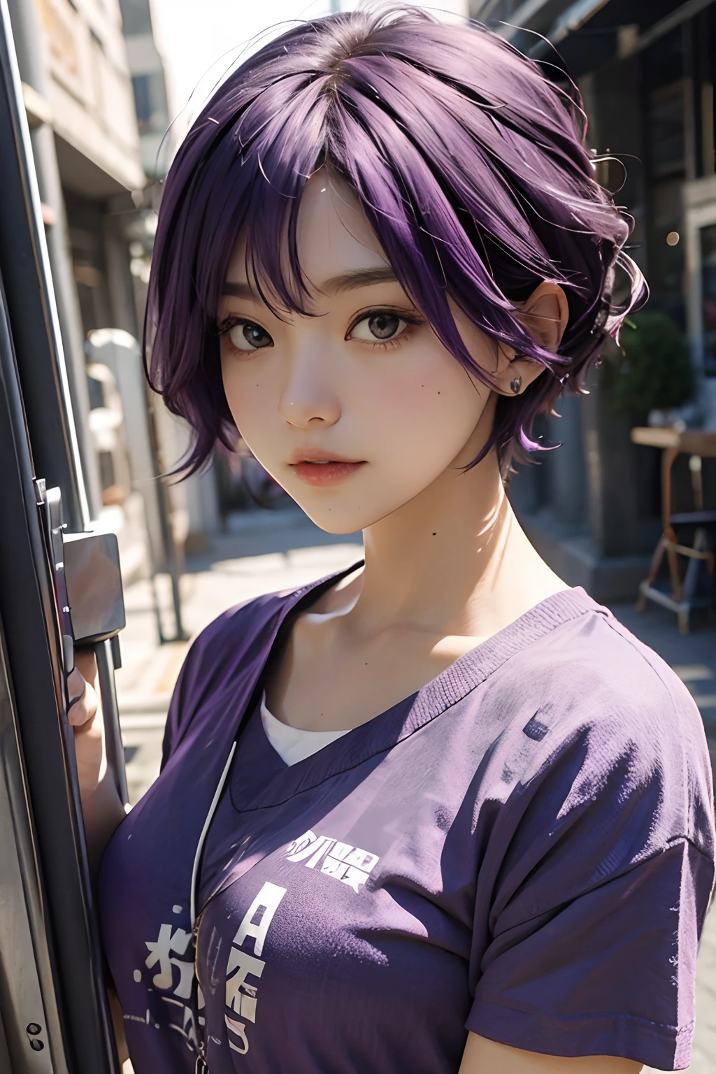 purple color  hair，short-hair，student clothes，Strong shading